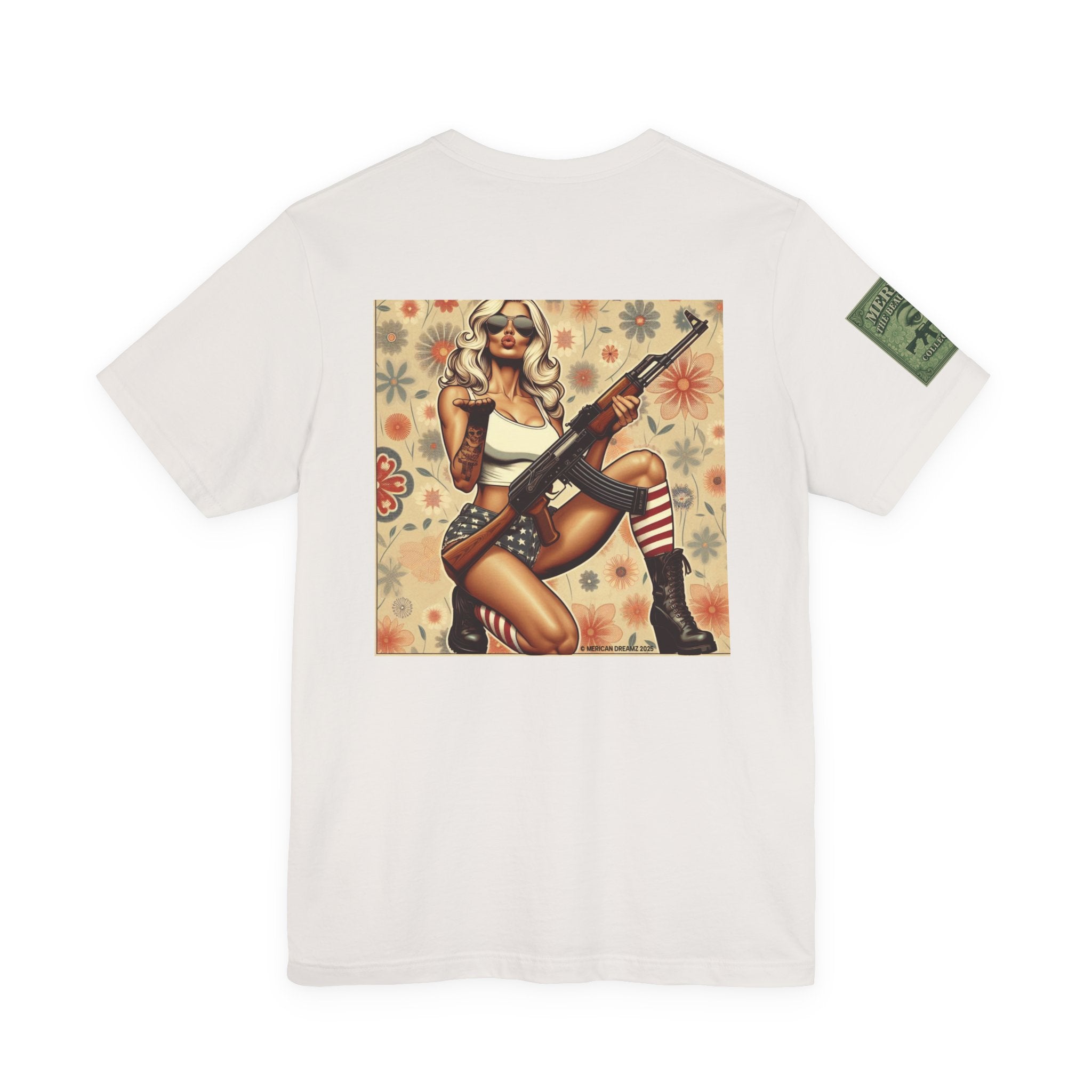 Graphic Short Sleeve Tee front and back — Retro Americana Pin-Up Girls with AK-47 Rifles