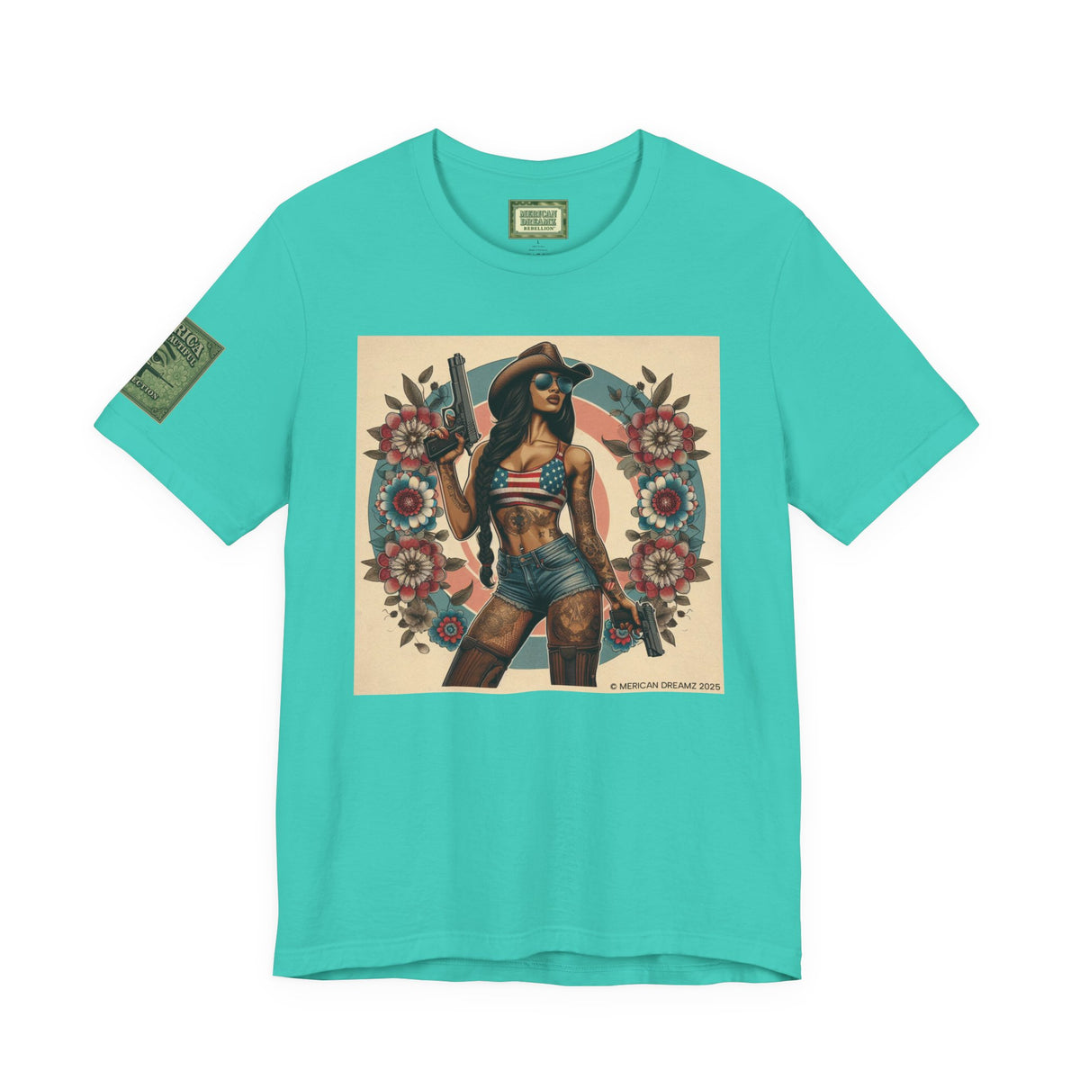 Graphic Short Sleeve Tee front and back — Retro Americana Pin-Up Cowgirls with 9mm Pistols