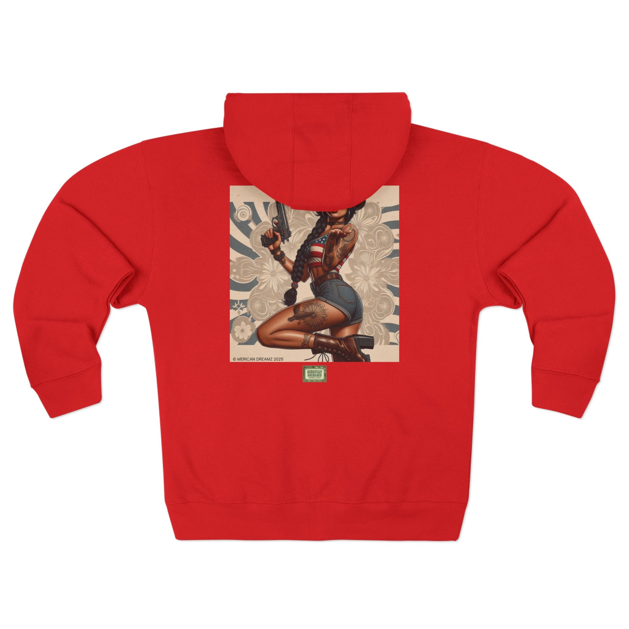 Americana Pinup Cowgirl with 9mm Zip Hoodie — Retro Vintage Patriotic Graphic