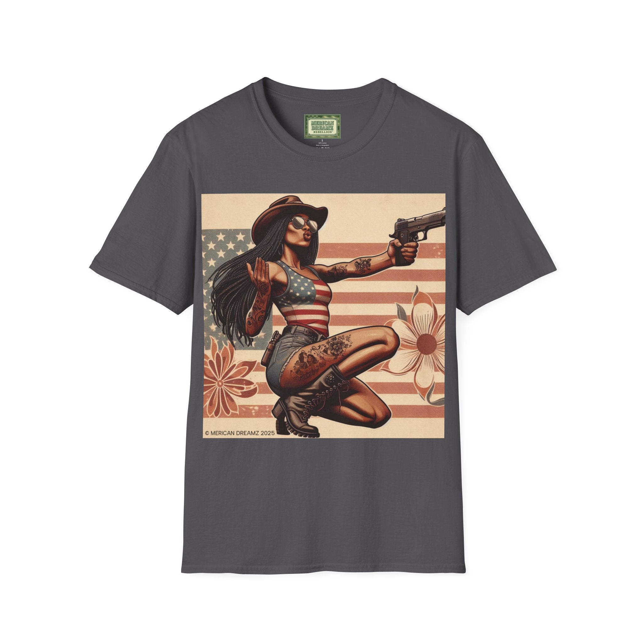 Pin-Up Americana T-Shirt — Retro Floral Gun Cowgirl Vintage Style (US Only)