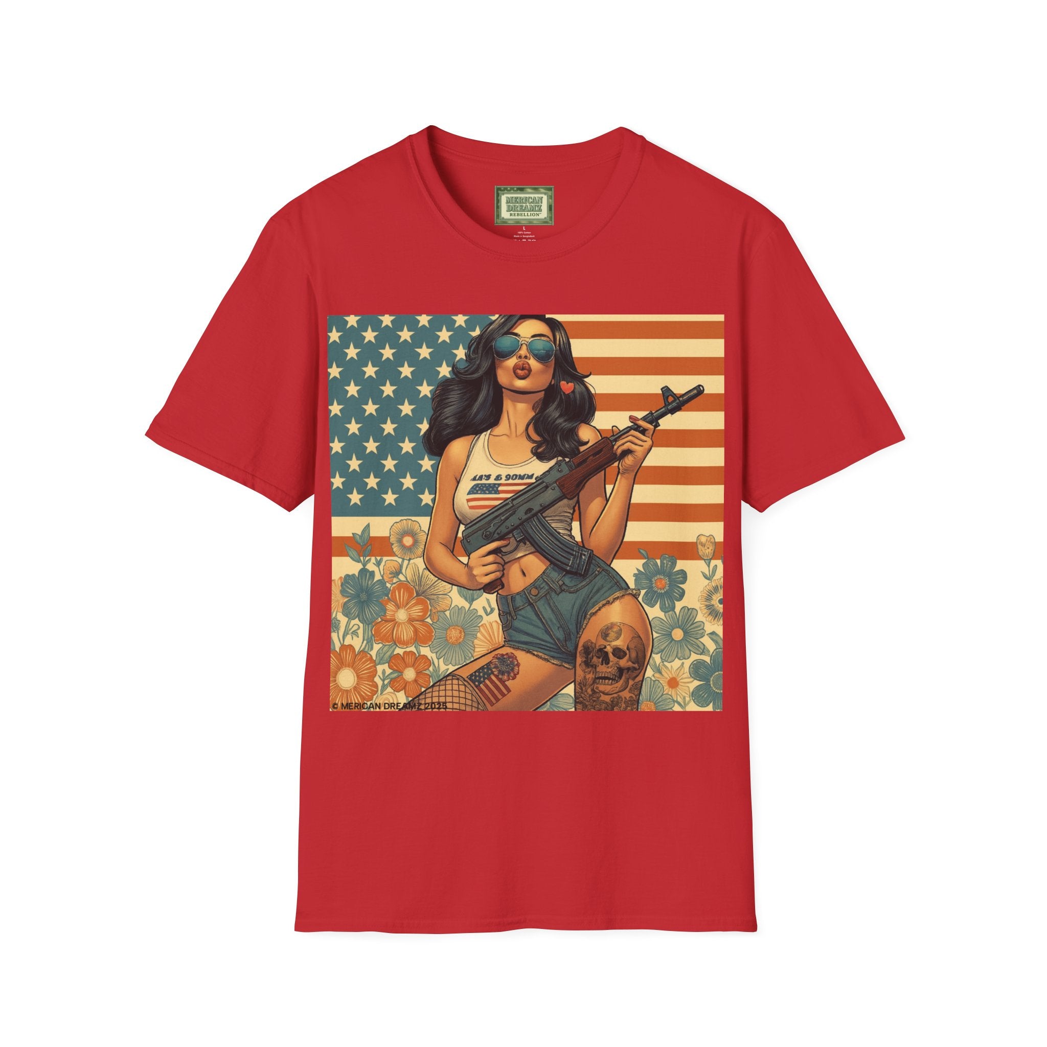 Graphic T-Shirt — Patriotic Pinup Girl with Rifle Vintage Flag Design (US Only)