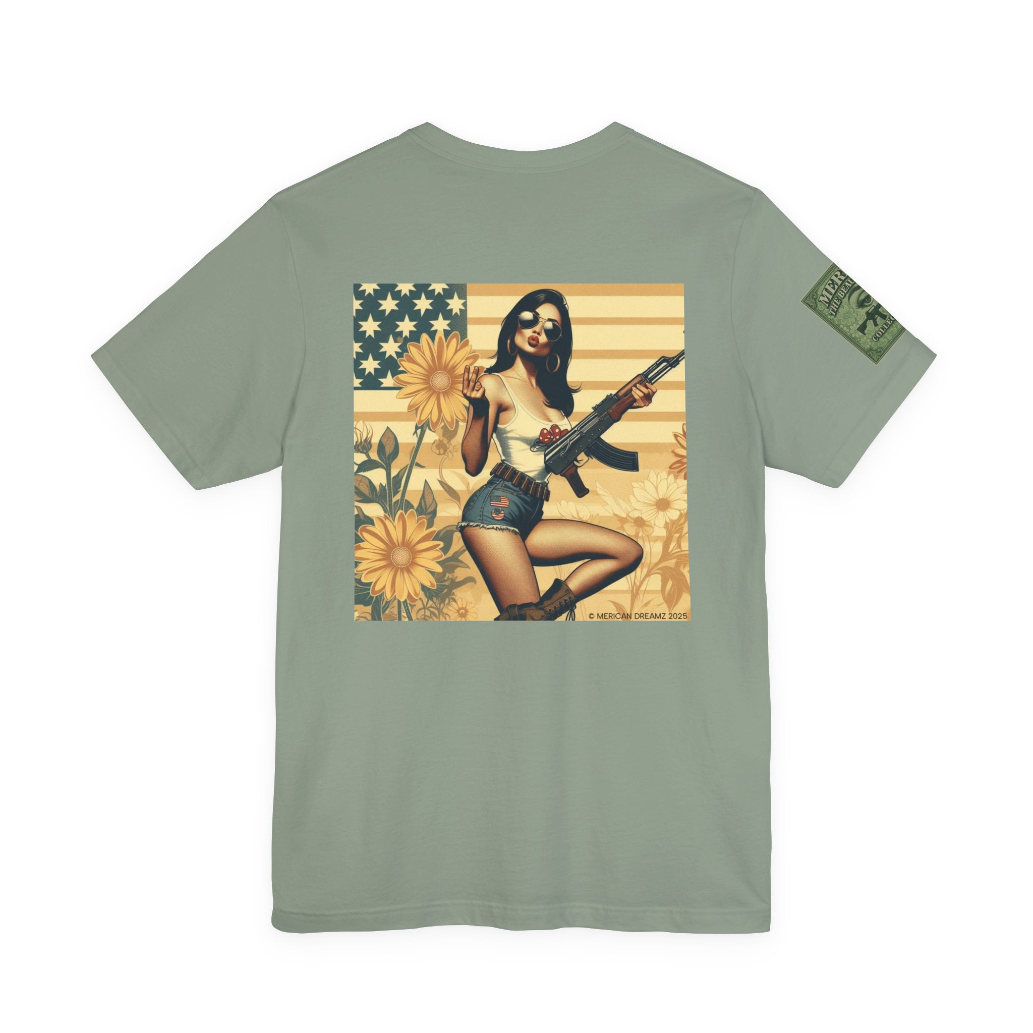 Graphic Short Sleeve Tee front and back — Retro Americana Pin-Up Girls with AK-47 Rifles