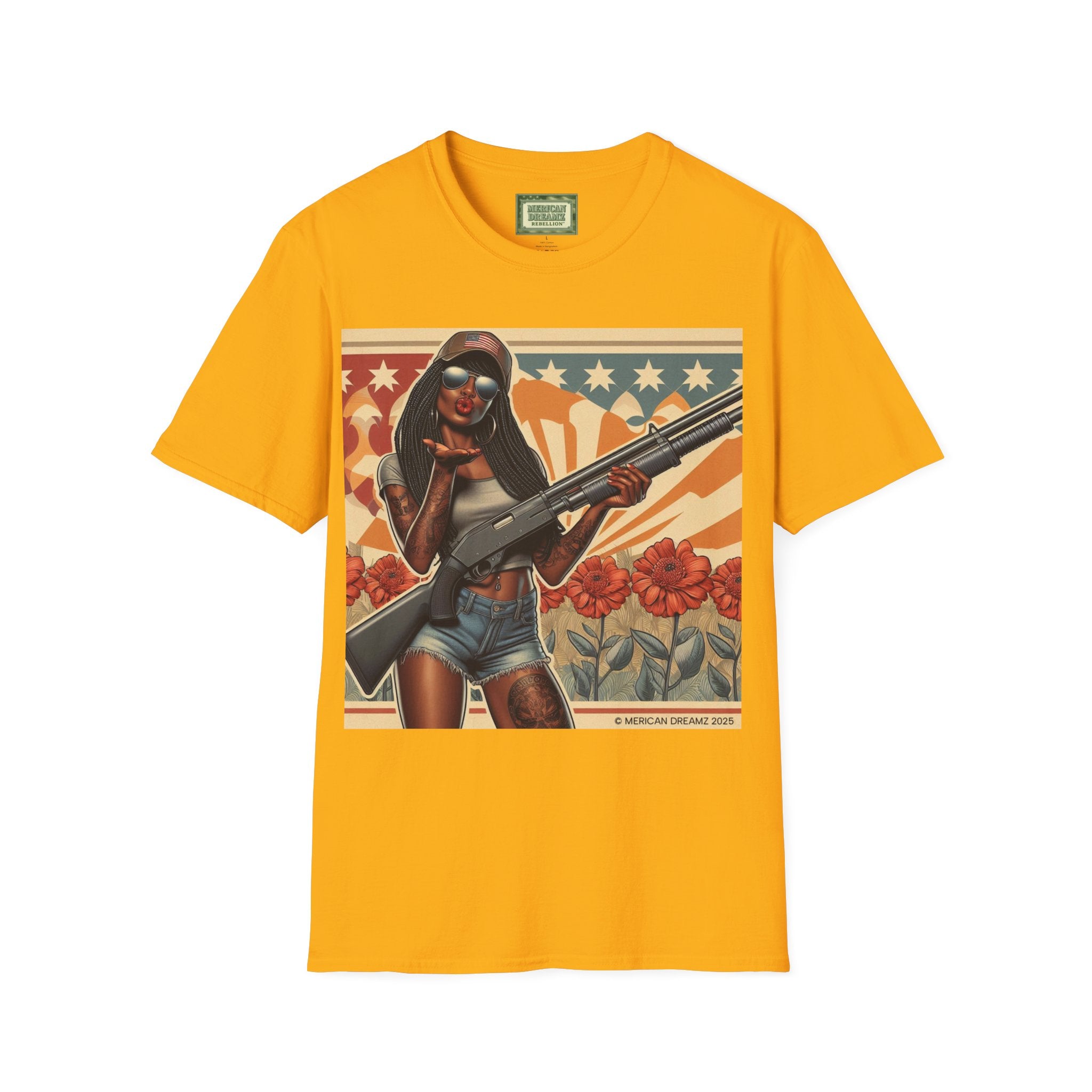 Graphic T-Shirt — Patriotic Pinup Girl with Shotgun Vintage Flag Design (US Only)