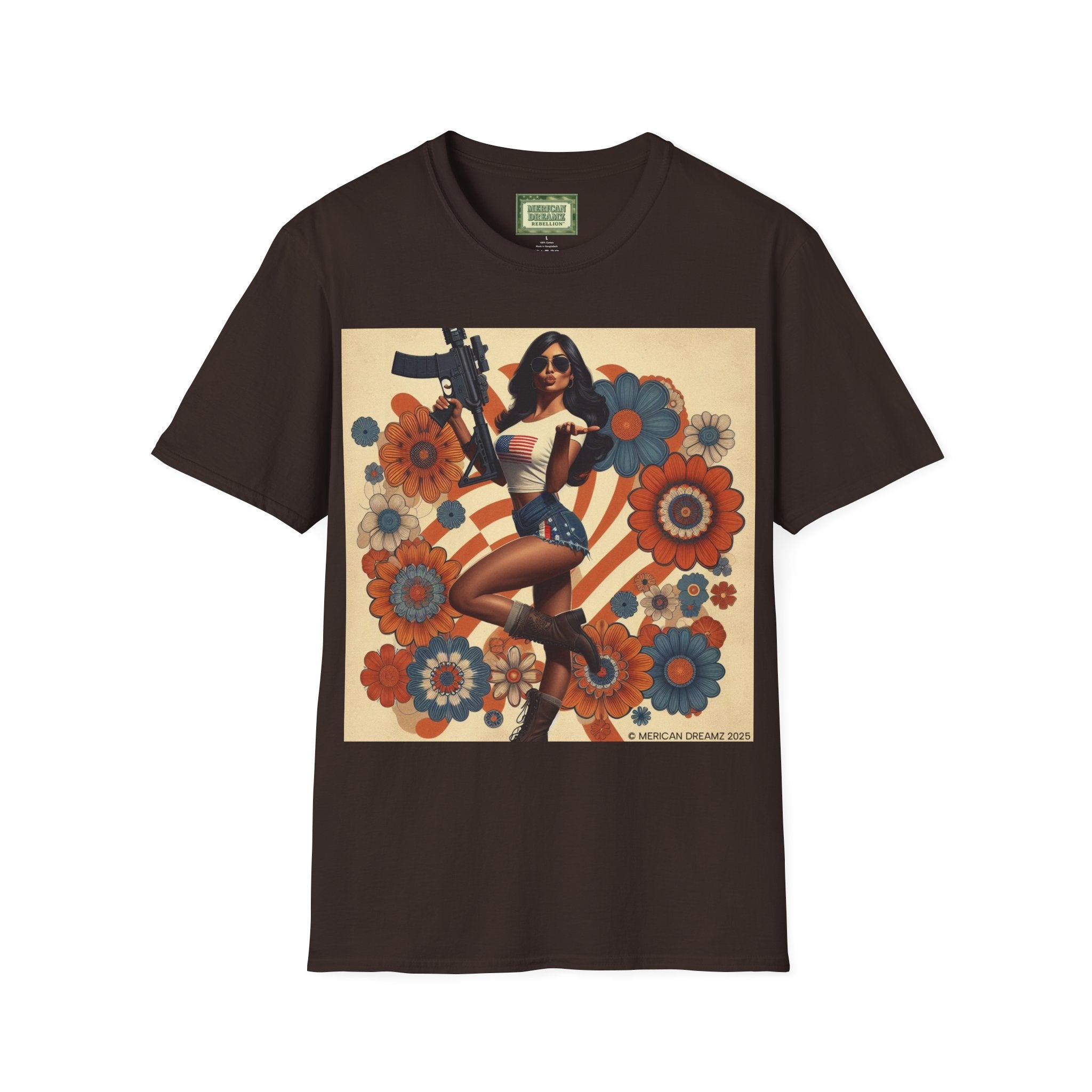 Graphic T-Shirt — Patriotic Pinup Girl with Rifle Vintage Flag Design (US Only)