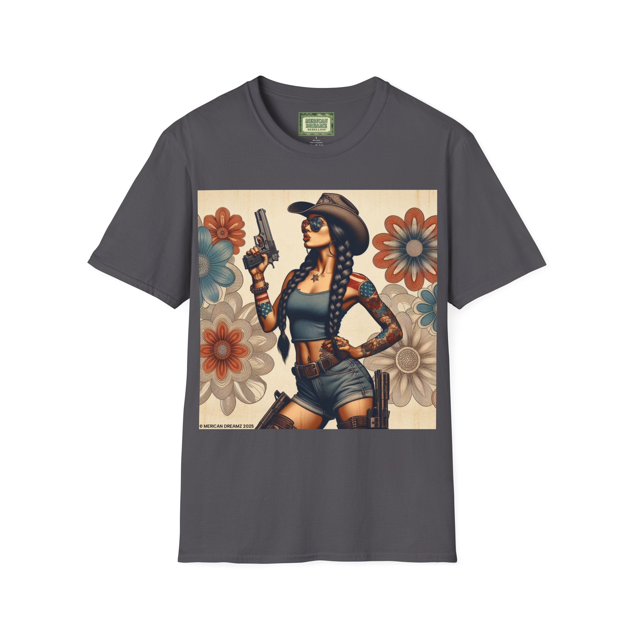 Pin-Up Americana T-Shirt — Retro Floral Gun Cowgirl Vintage Style (US Only)