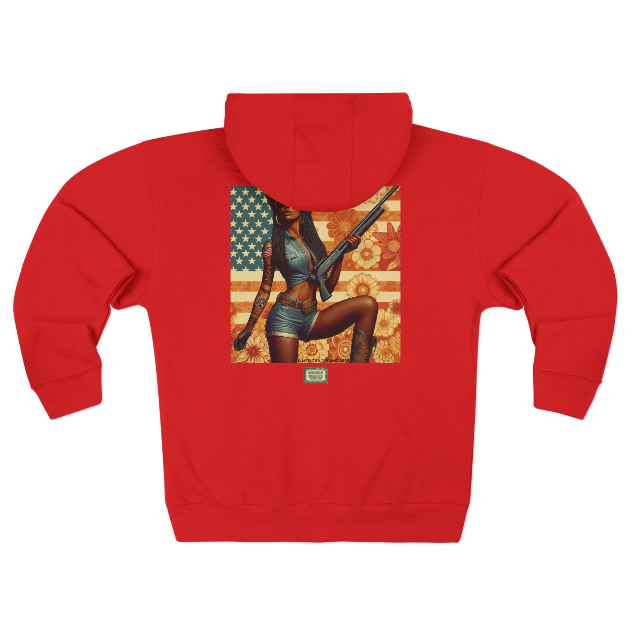 Americana Pinup Cowgirl with Shotgun Zip Hoodie — Retro Vintage Patriotic Graphic