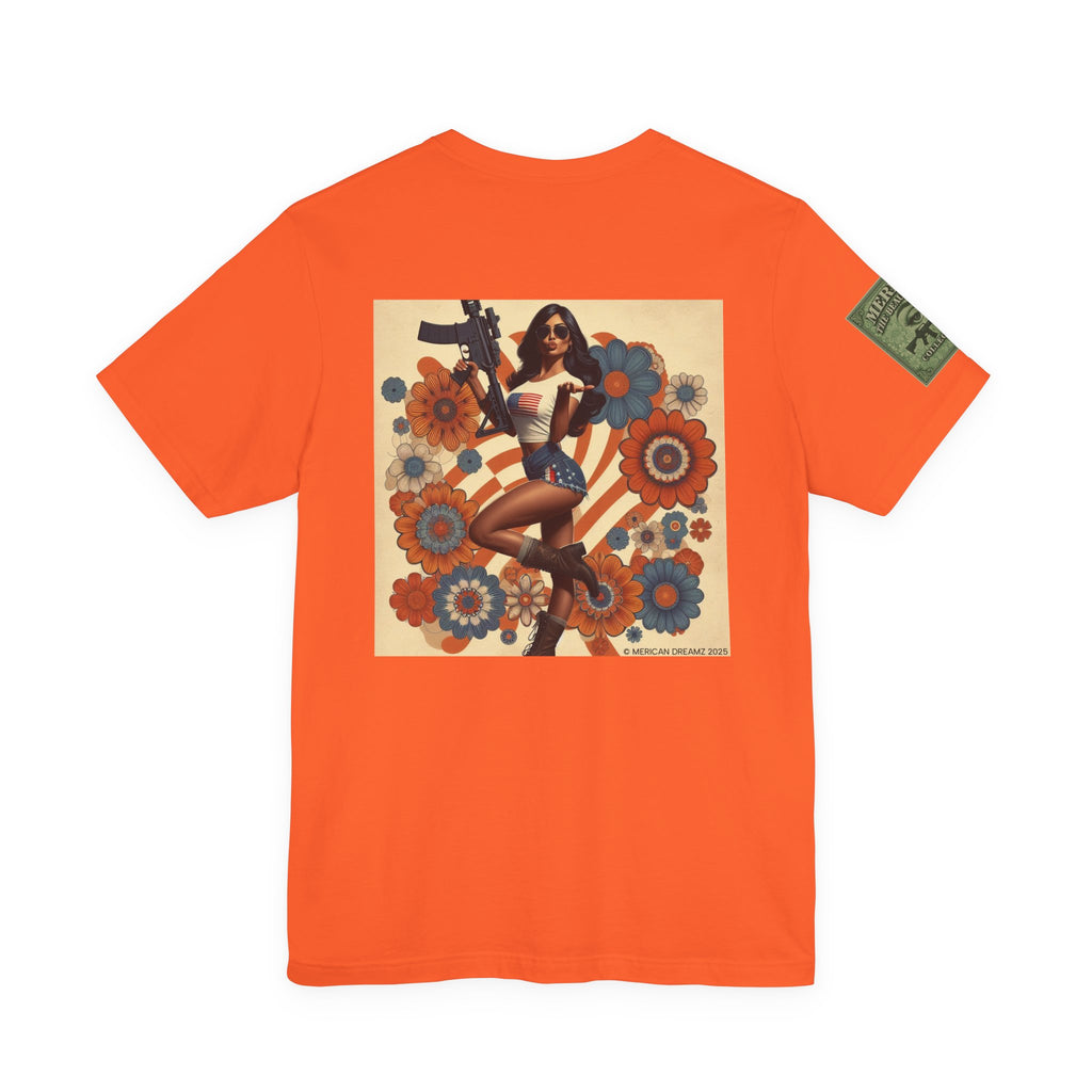 Graphic Short Sleeve Tee front and back — Retro Americana Pin-Up Girls with AR-15 Rifles