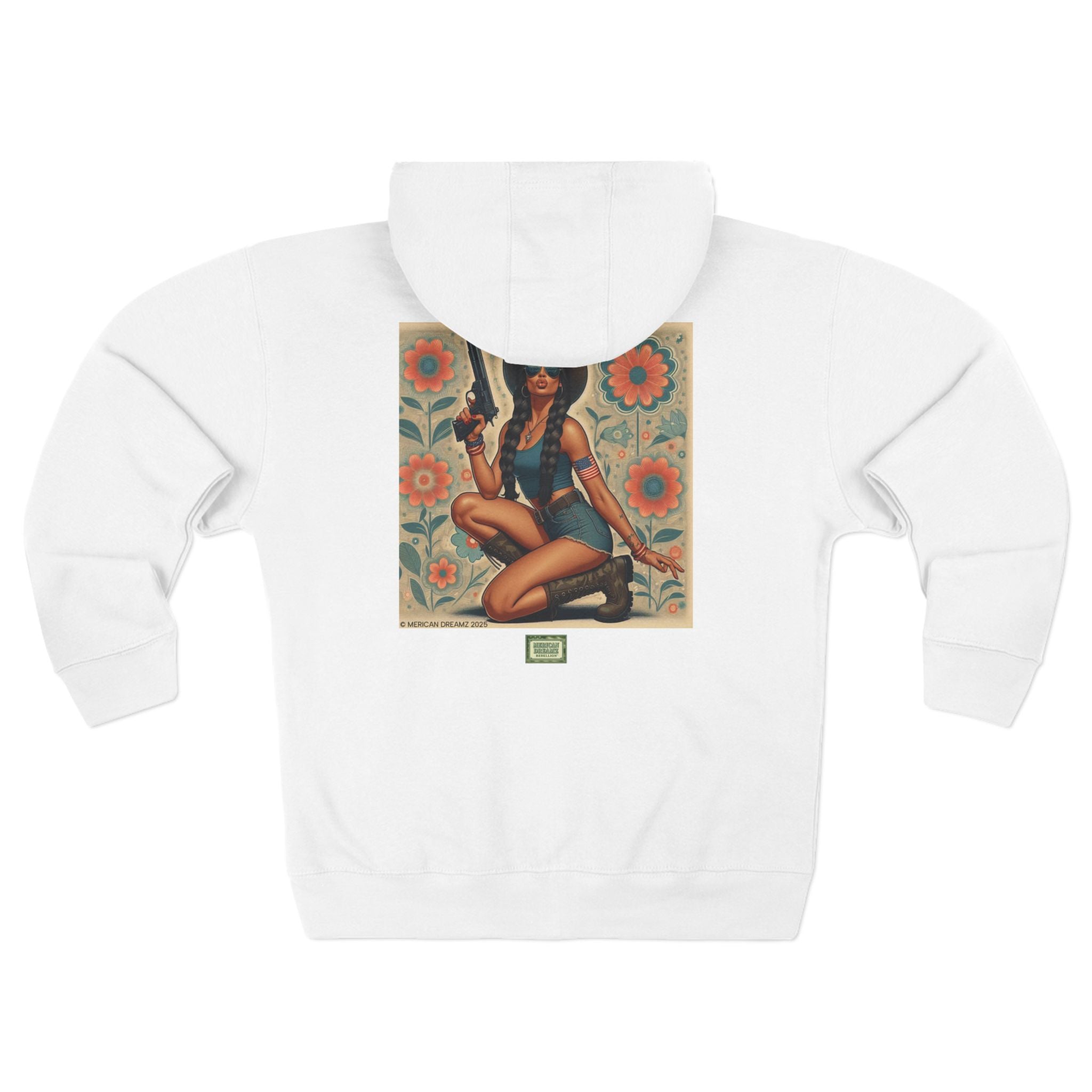 Americana Pinup Cowgirl with 9mm Zip Hoodie — Retro Vintage Patriotic Graphic