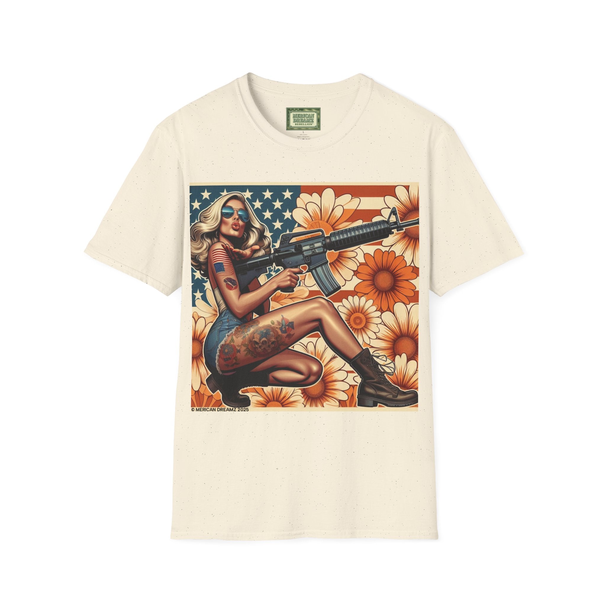 Graphic T-Shirt — Patriotic Pinup Girl with Rifle Vintage Flag Design (US Only)