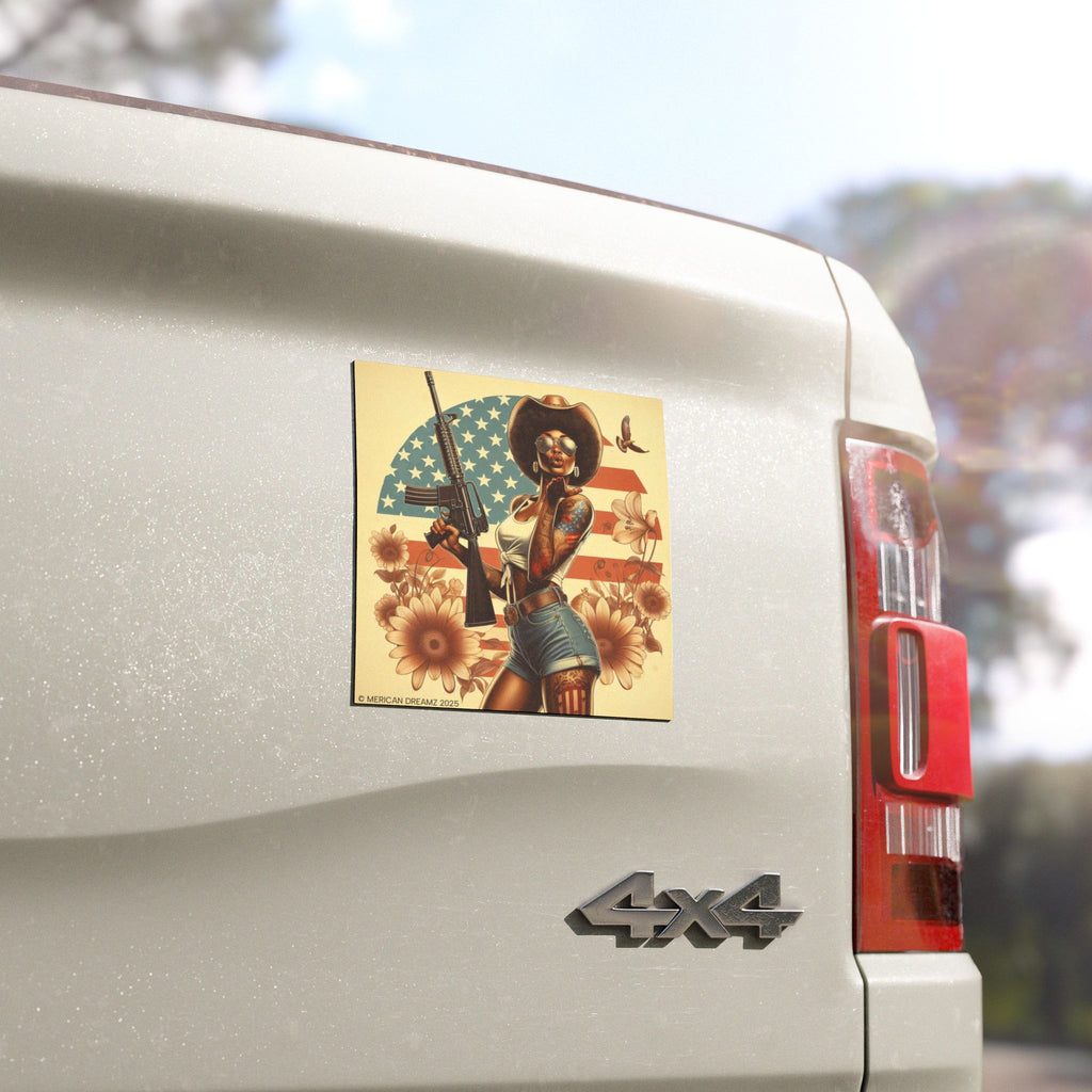 Car Magnet Patriotic Americana Cowgirl with Rifle | Square American Flag Vintage Floral
