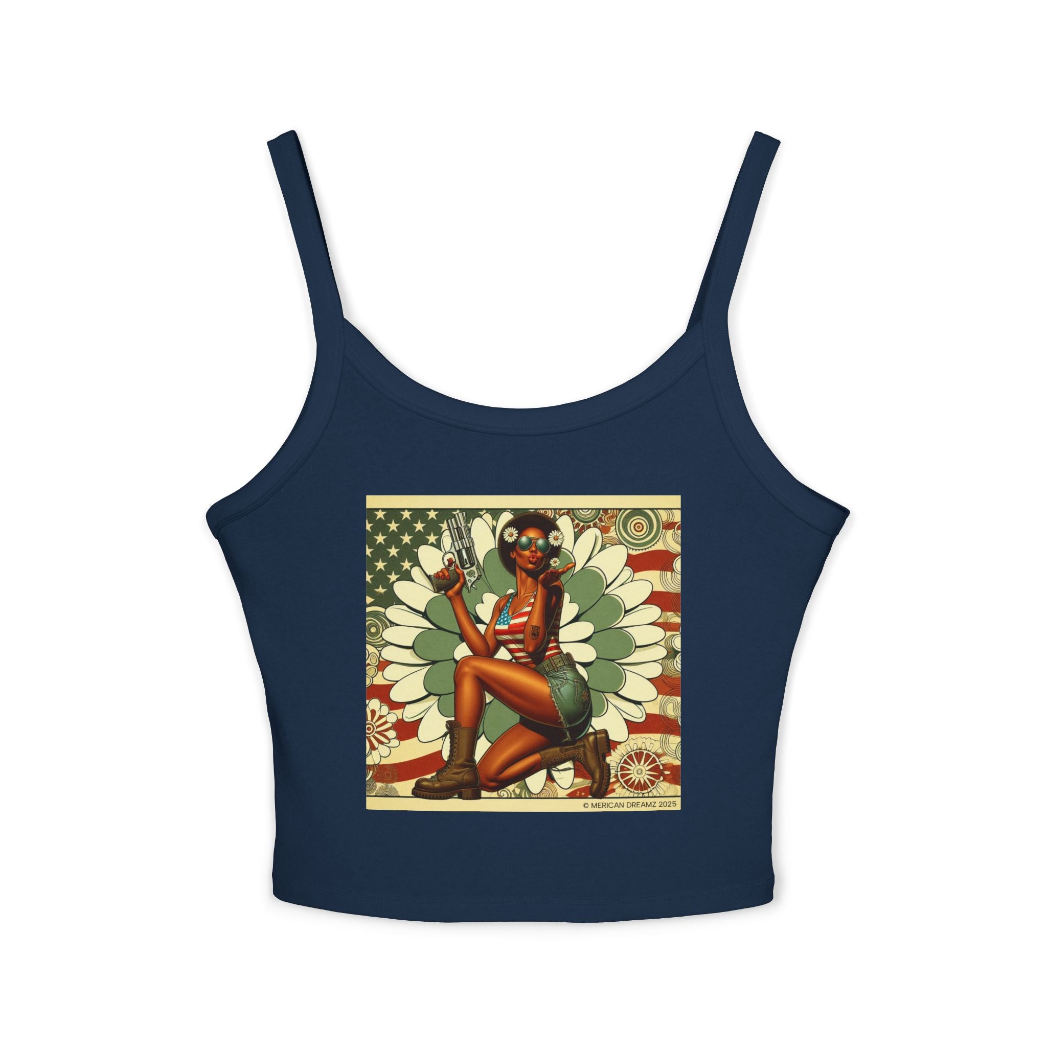 Retro Pinup Girl Tank Top — Vintage Flag & Floral Spaghetti Strap