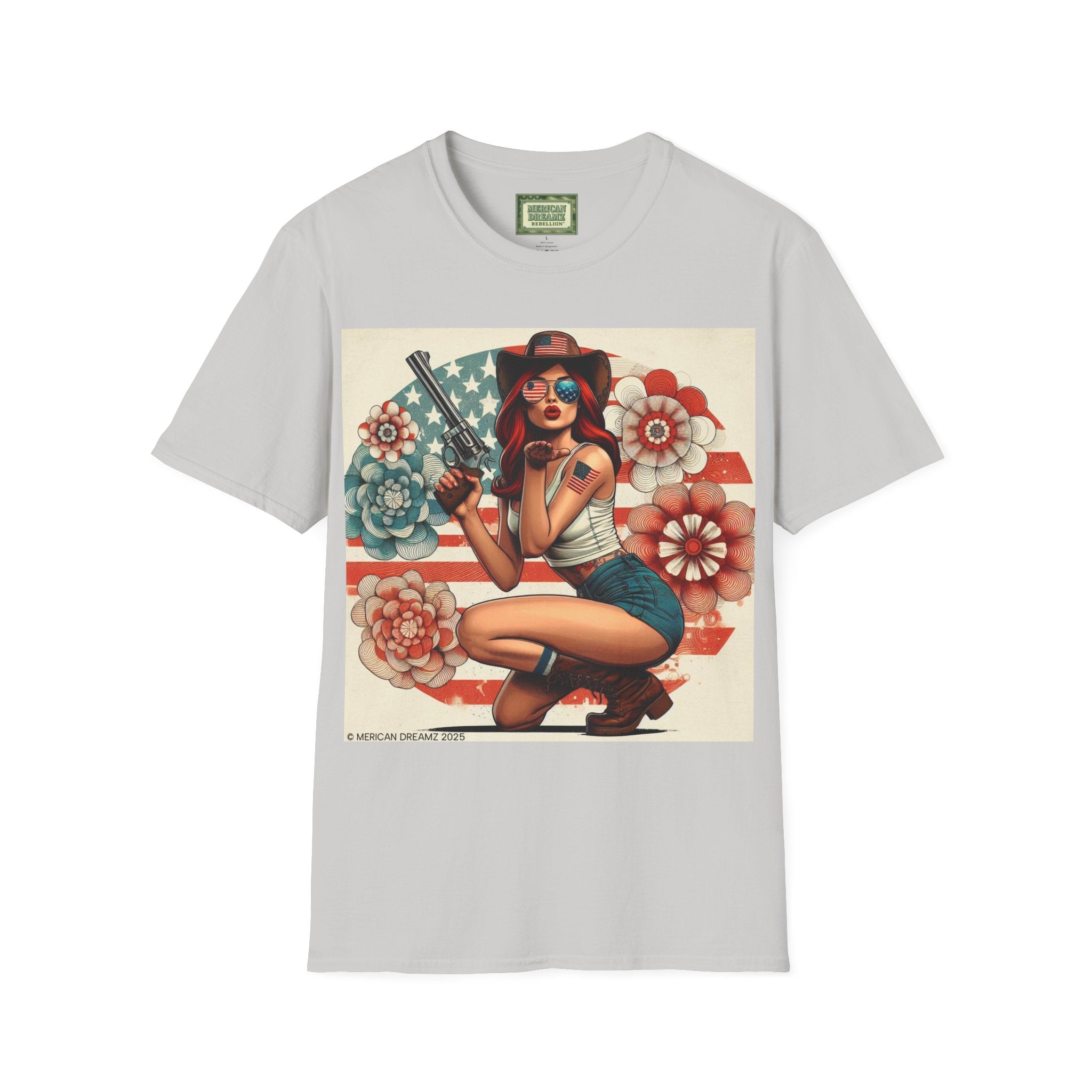 Pin-Up Americana T-Shirt — Retro Floral Gun Cowgirl Vintage Style (US Only)