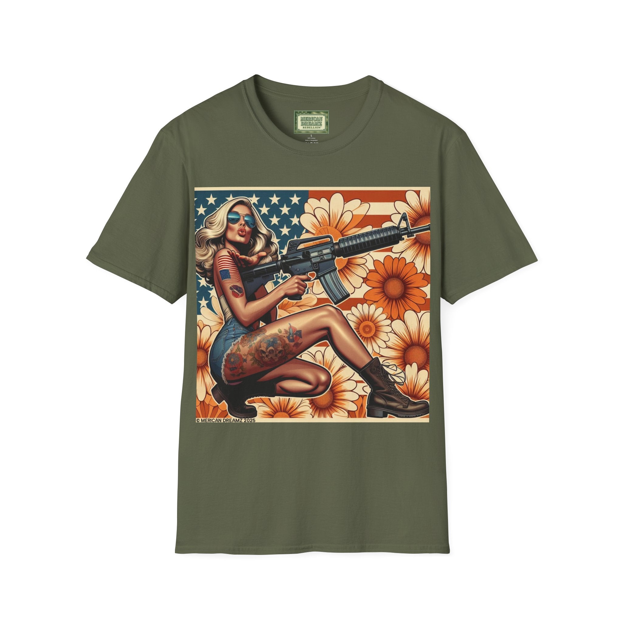 Graphic T-Shirt — Patriotic Pinup Girl with Rifle Vintage Flag Design (US Only)