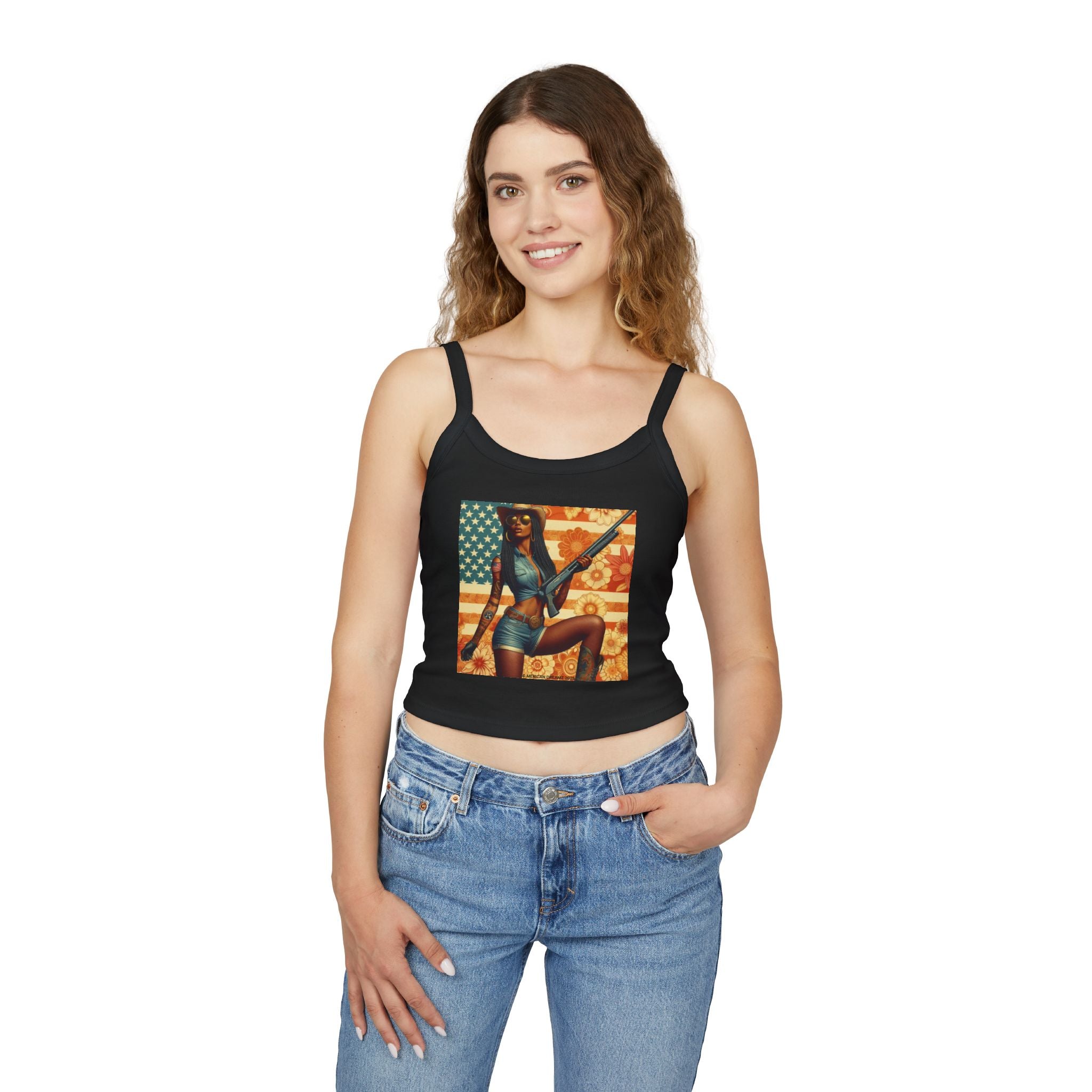 Retro Pinup Girl Tank Top — Vintage Flag & Floral Spaghetti Strap