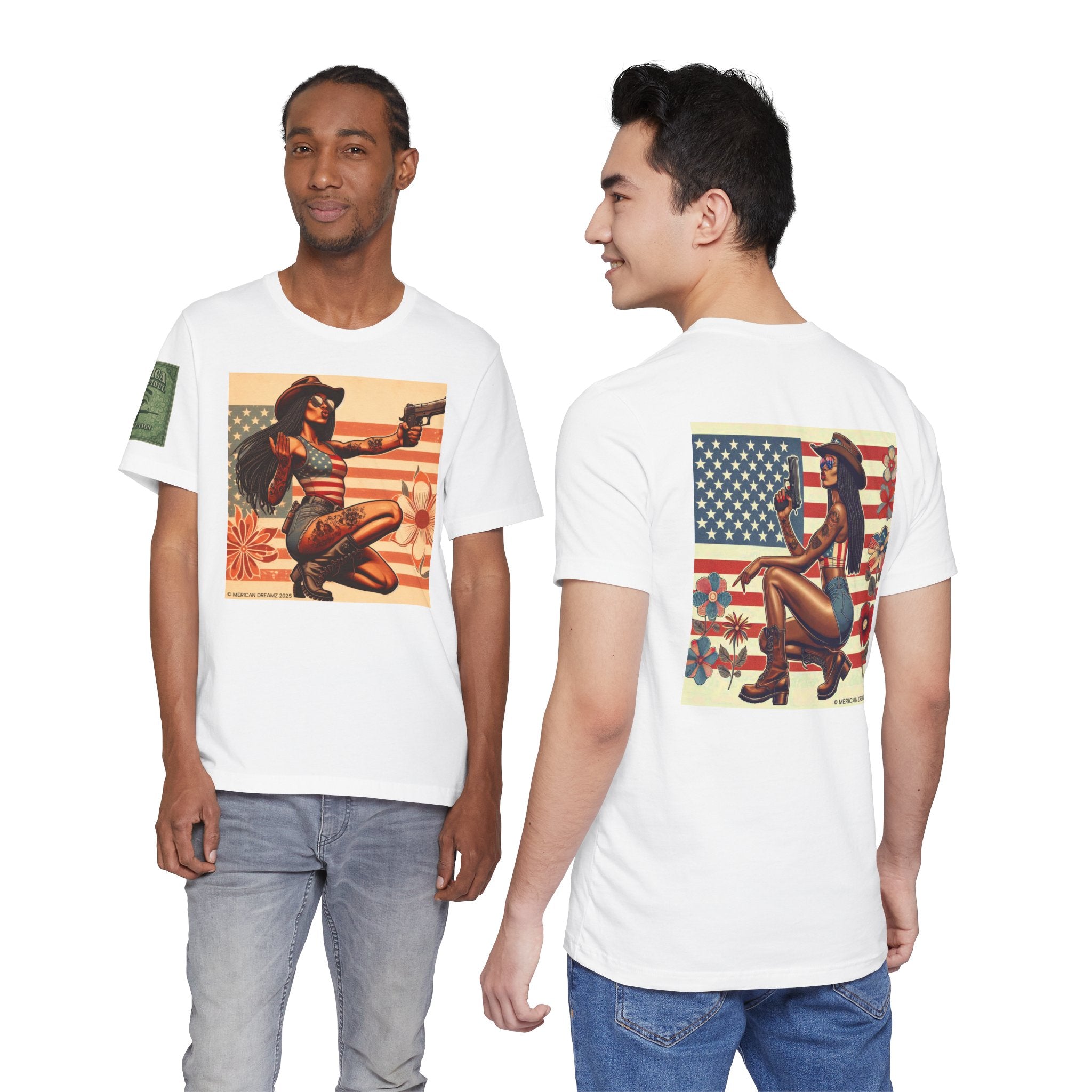 Graphic Short Sleeve Tee front and back — Retro Americana Pin-Up Cowgirls with 9mm Pistols