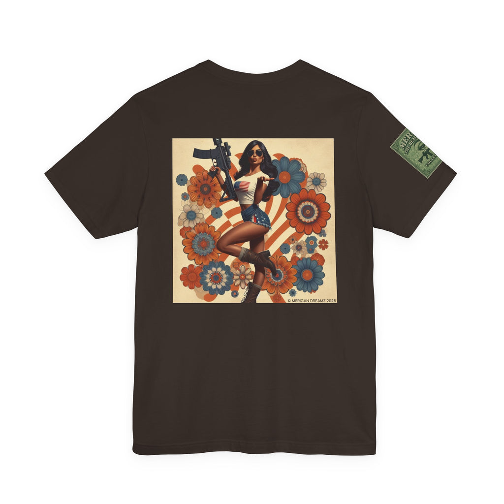 Graphic Short Sleeve Tee front and back — Retro Americana Pin-Up Girls with AR-15 Rifles