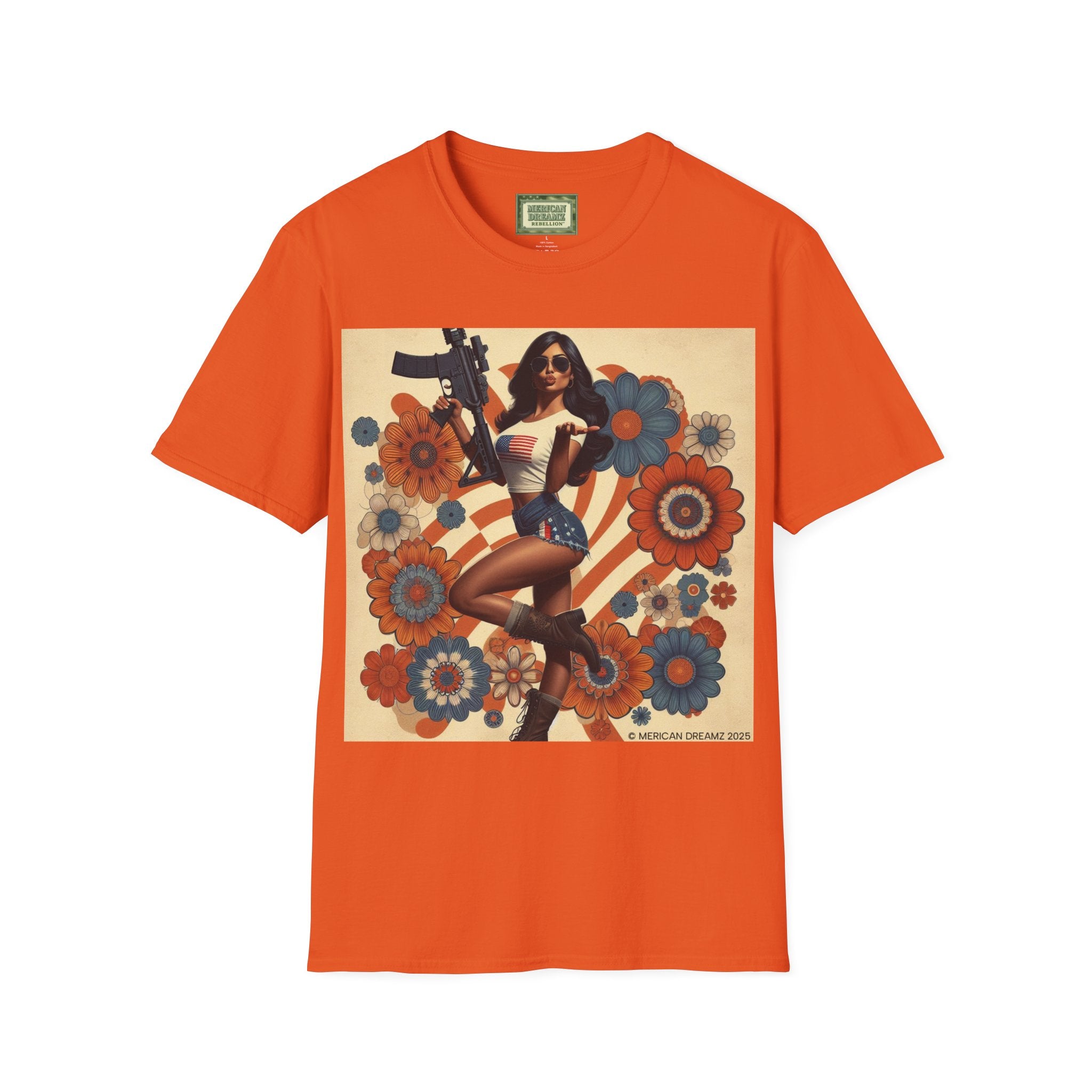 Graphic T-Shirt — Patriotic Pinup Girl with Rifle Vintage Flag Design (US Only)