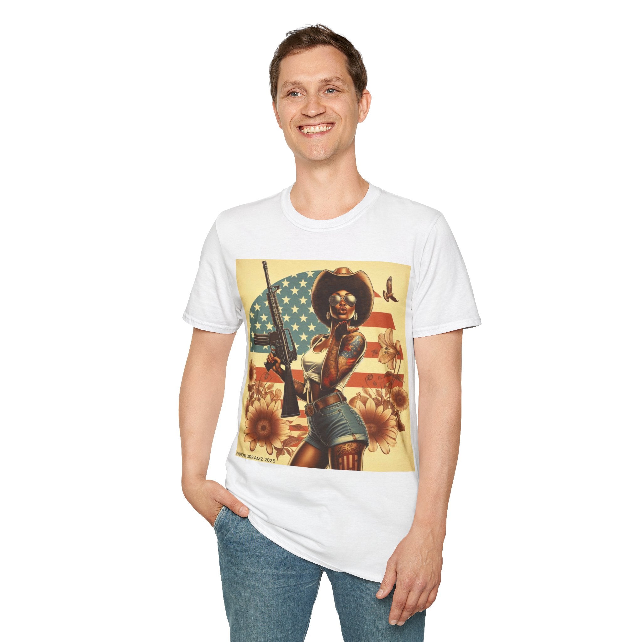 Pin-Up Americana T-Shirt — Retro Floral Gun Cowgirl Vintage Style (US Only)