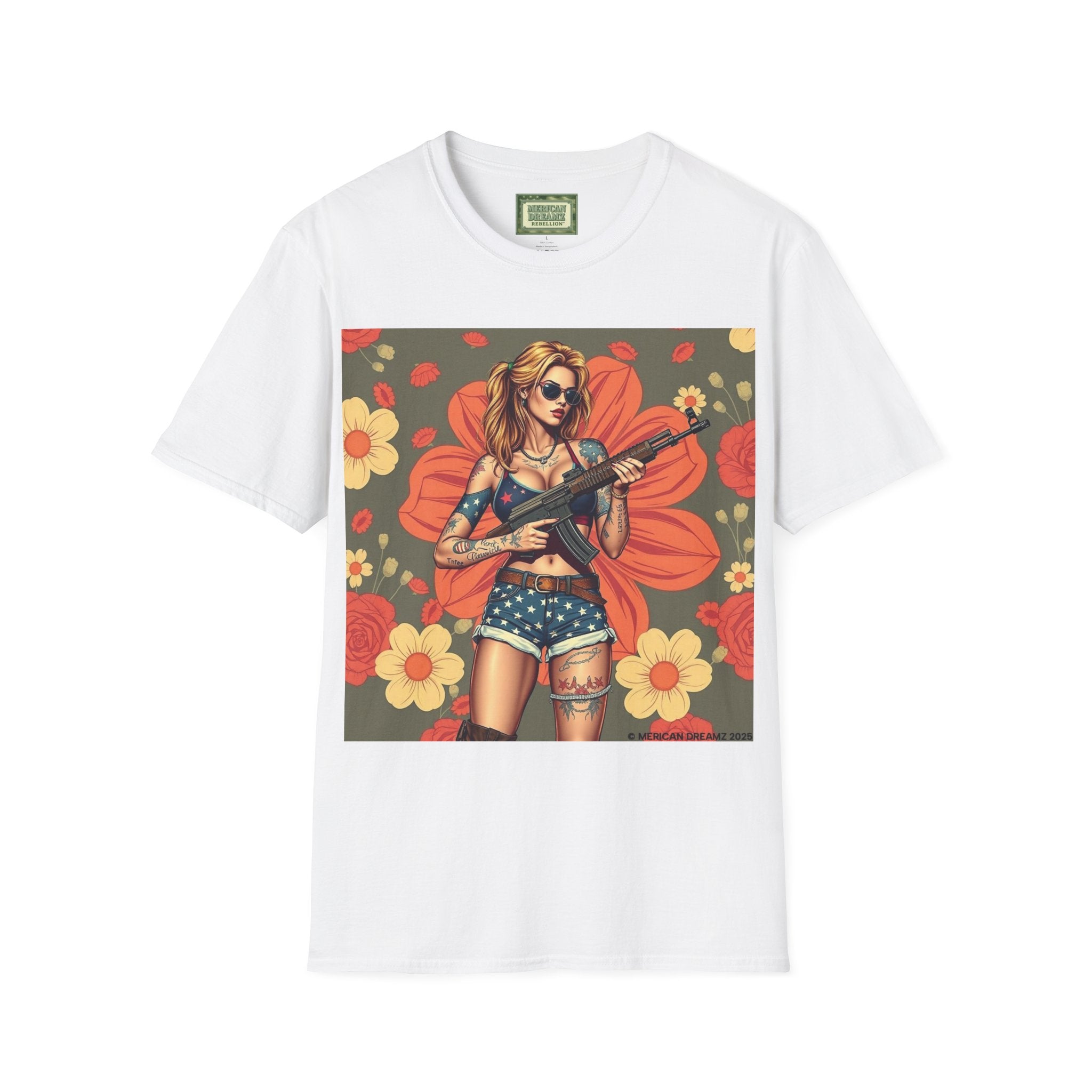 Graphic T-Shirt — Patriotic Pinup Girl with Rifle Vintage Flag Design (US Only)