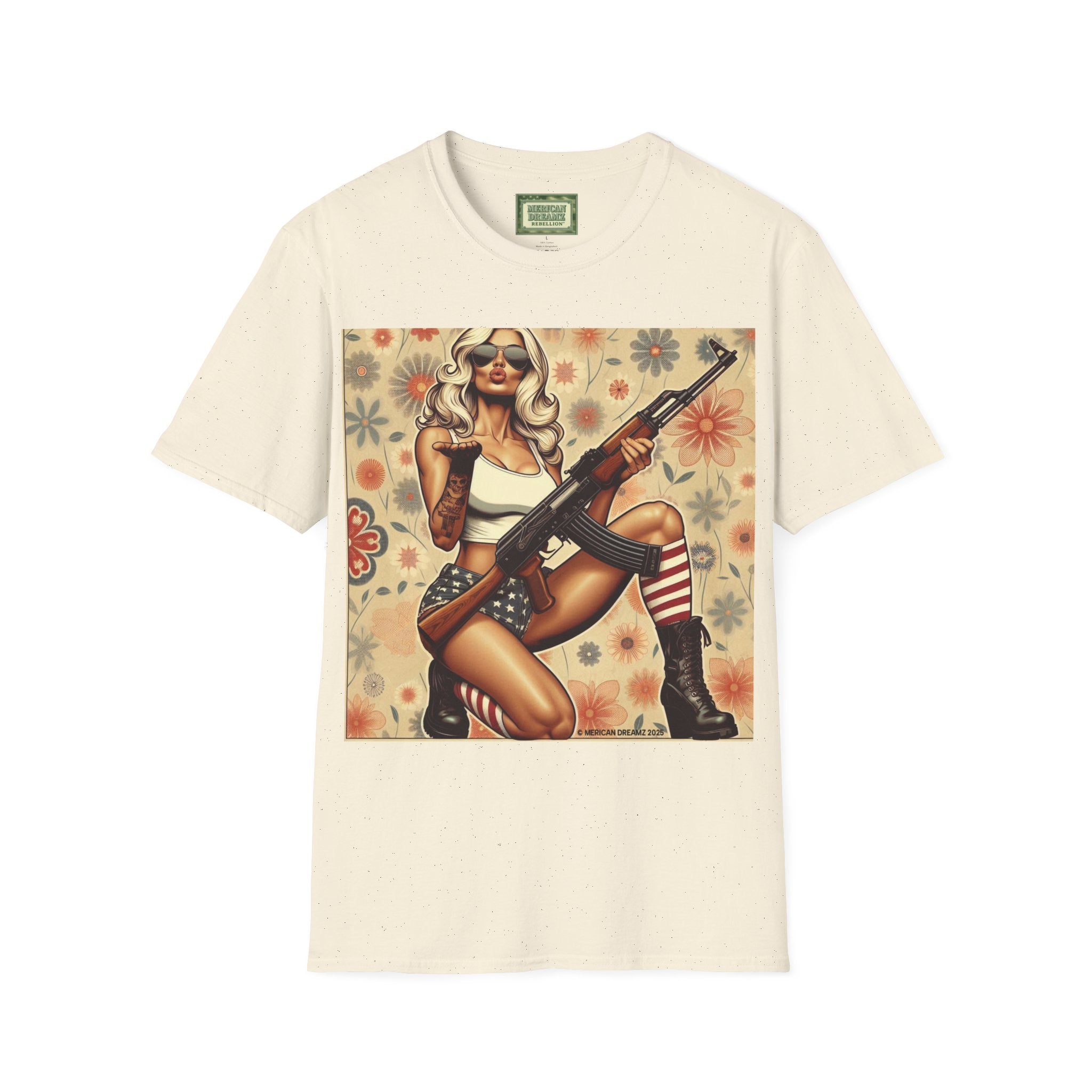 Graphic T-Shirt — Patriotic Pinup Girl with Rifle Vintage Flag Design (US Only)