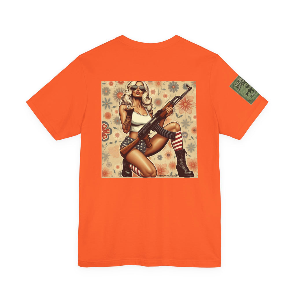Graphic Short Sleeve Tee front and back — Retro Americana Pin-Up Girls with AK-47 Rifles