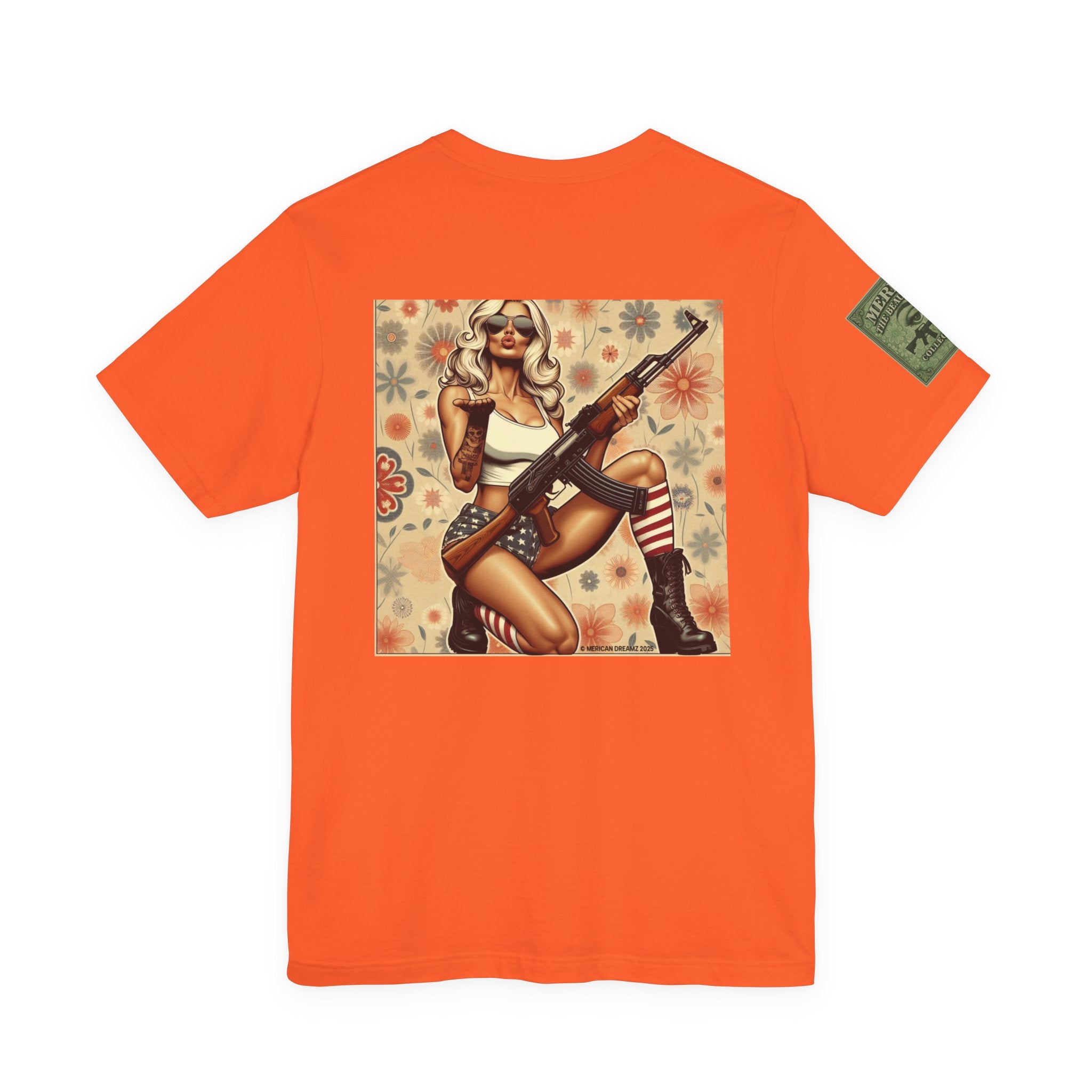 Graphic Short Sleeve Tee front and back — Retro Americana Pin-Up Girls with AK-47 Rifles