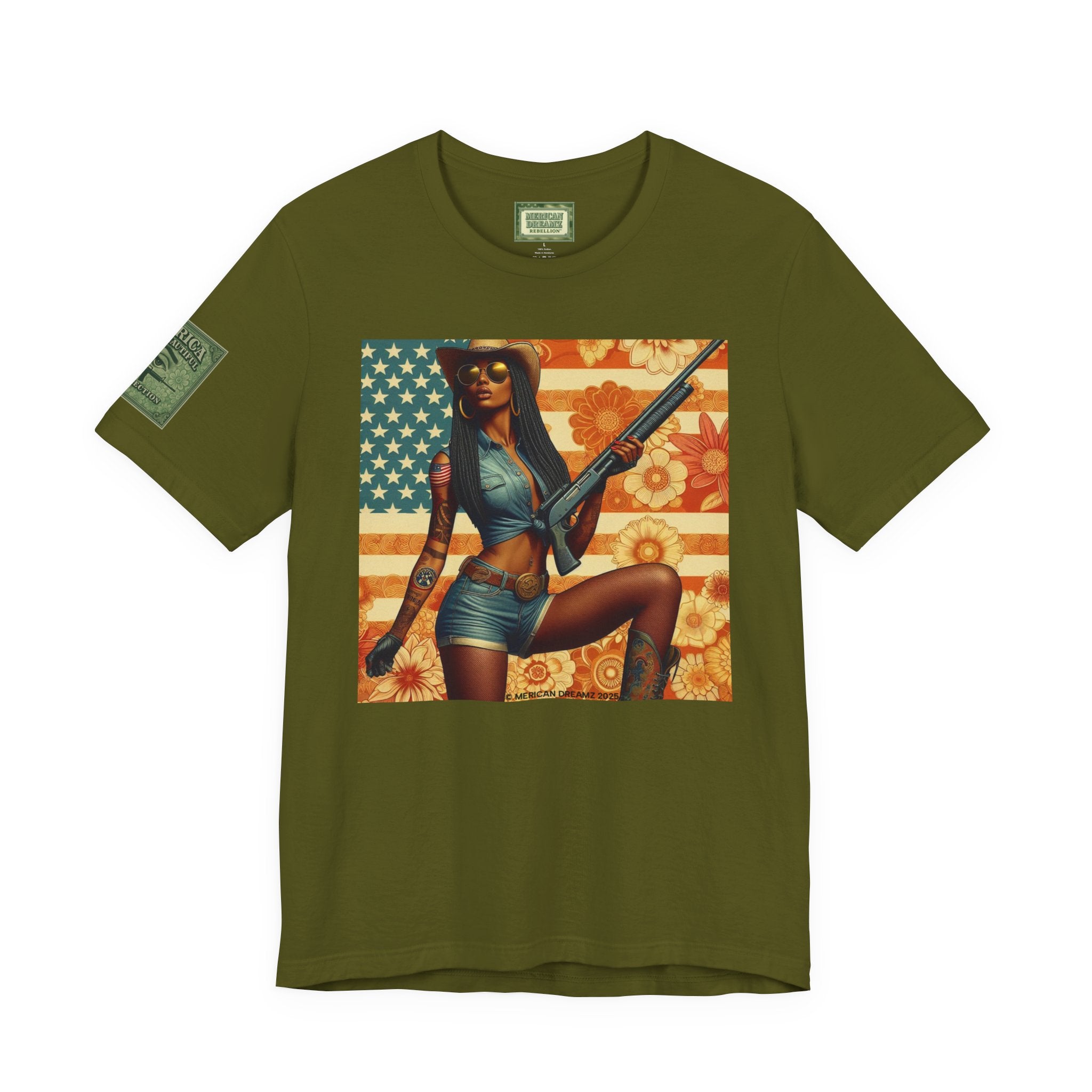 Graphic Short Sleeve Tee front and back — Retro Americana Pin-Up Cowgirls with 12 Gauge Shotguns