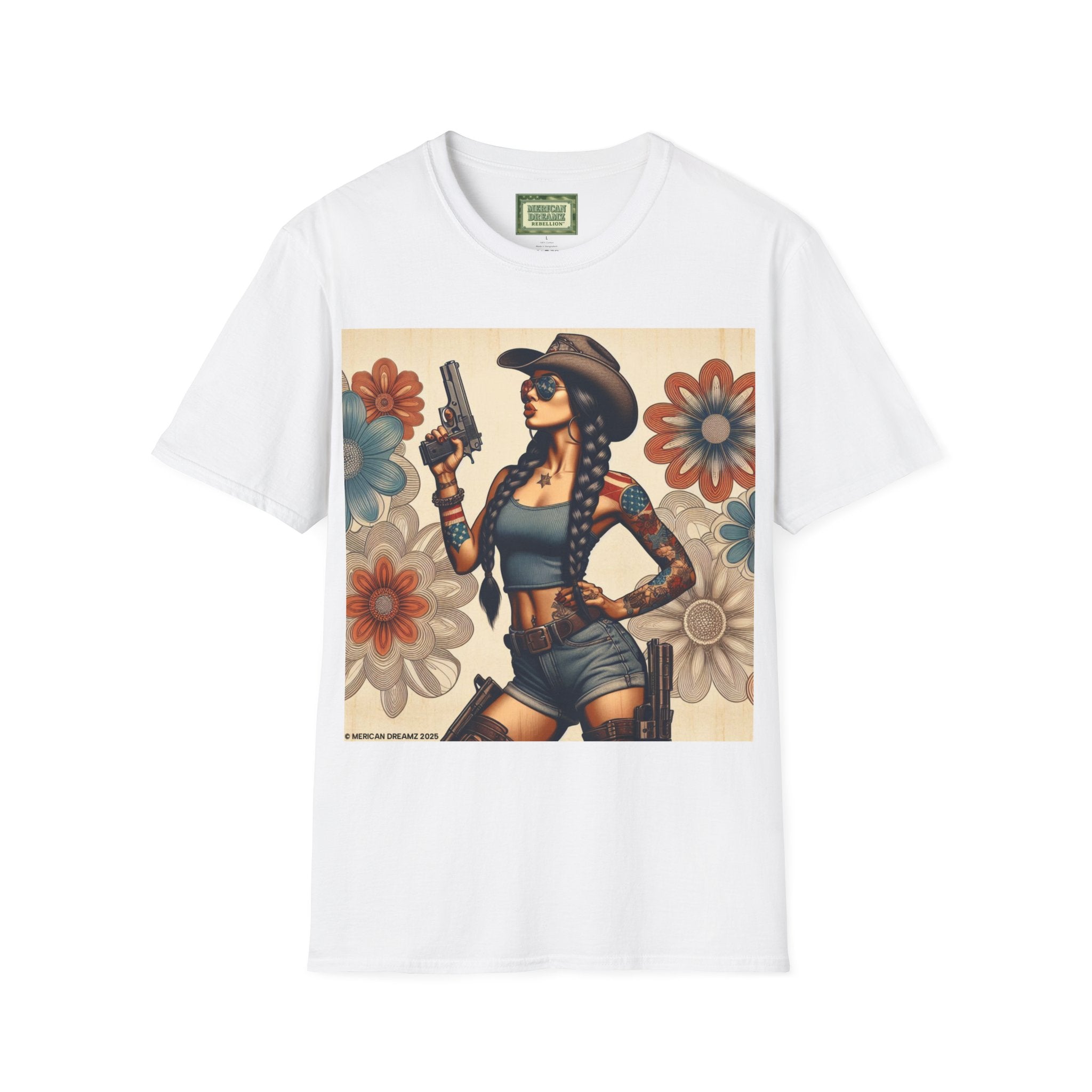 Pin-Up Americana T-Shirt — Retro Floral Gun Cowgirl Vintage Style (US Only)