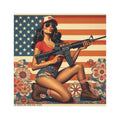 Car Magnet Patriotic Americana Cowgirl with Rifle | Square American Flag Vintage Floral