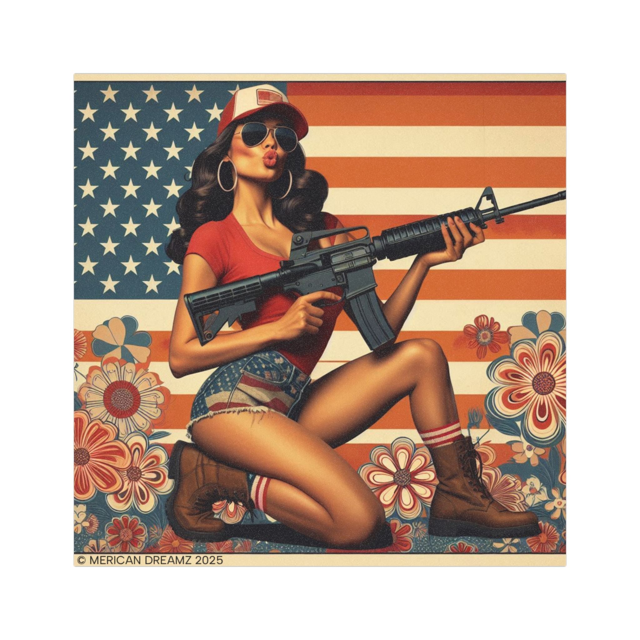 Car Magnet Patriotic Americana Cowgirl with Rifle | Square American Flag Vintage Floral