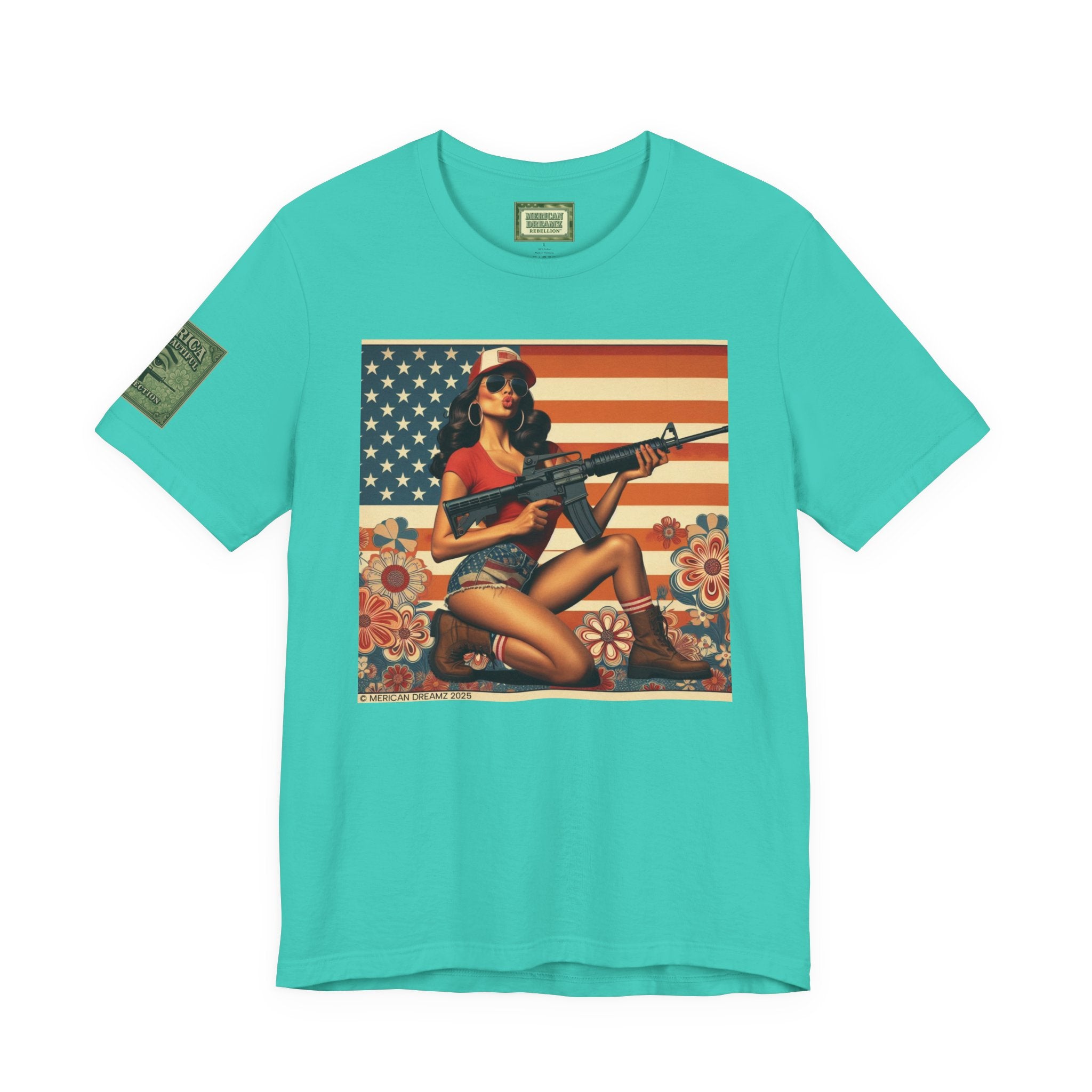 Graphic Short Sleeve Tee front and back — Retro Americana Pin-Up Girls with AR-15 Rifles