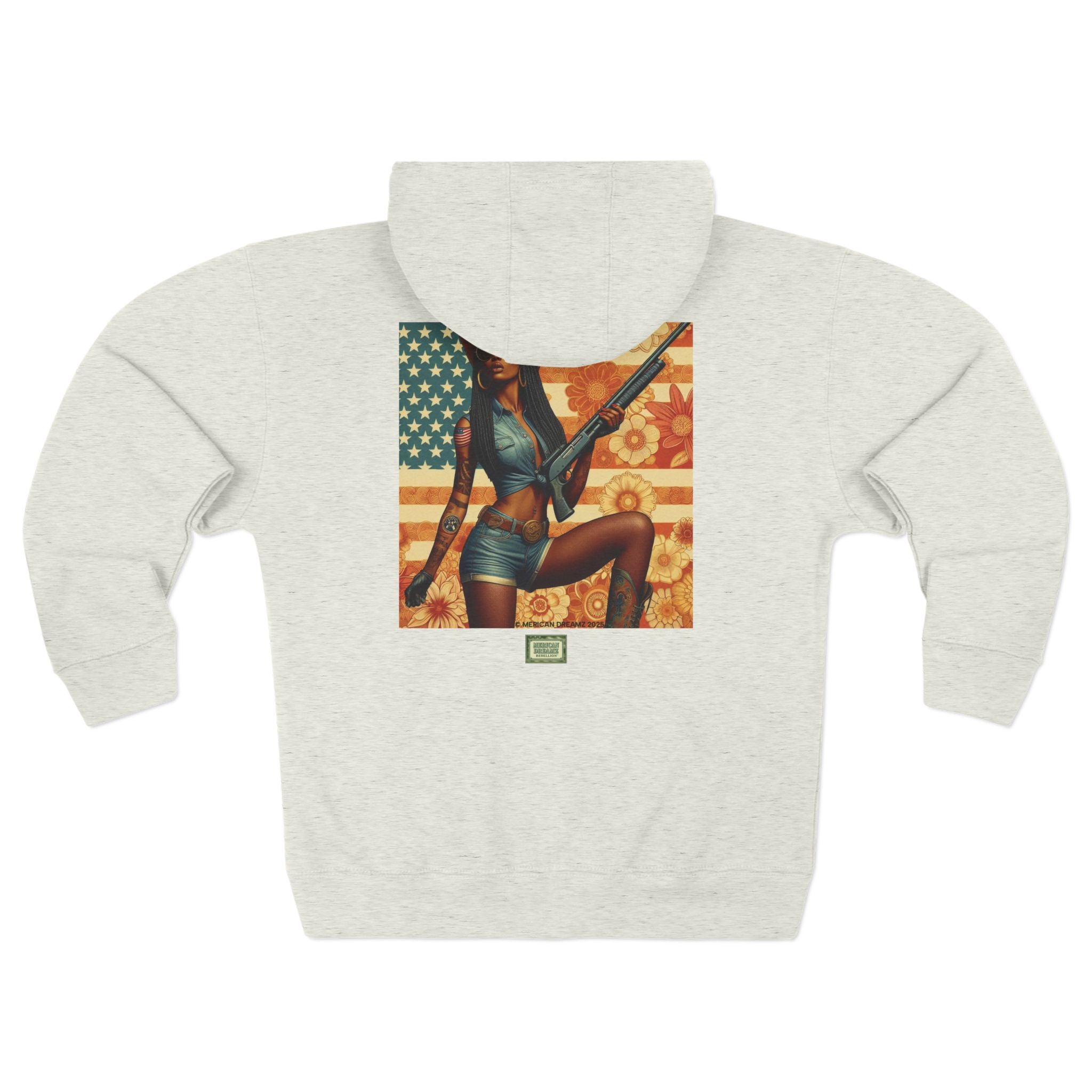 Americana Pinup Cowgirl with Shotgun Zip Hoodie — Retro Vintage Patriotic Graphic