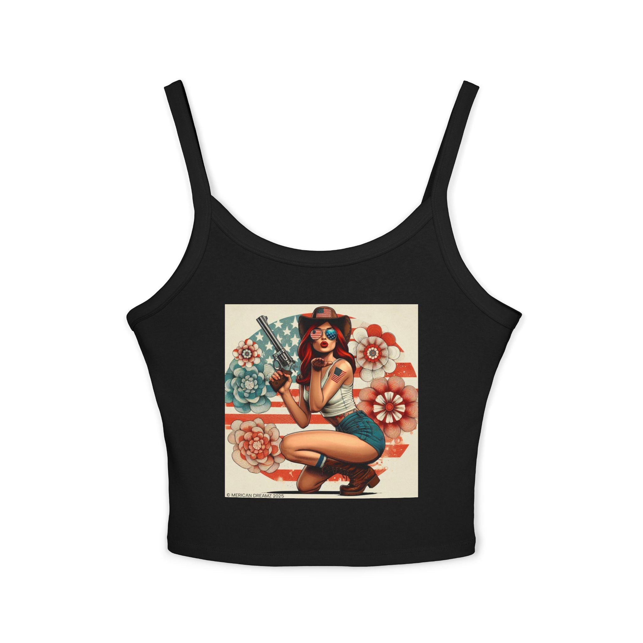 Retro Pinup Girl Tank Top — Vintage Flag & Floral Spaghetti Strap