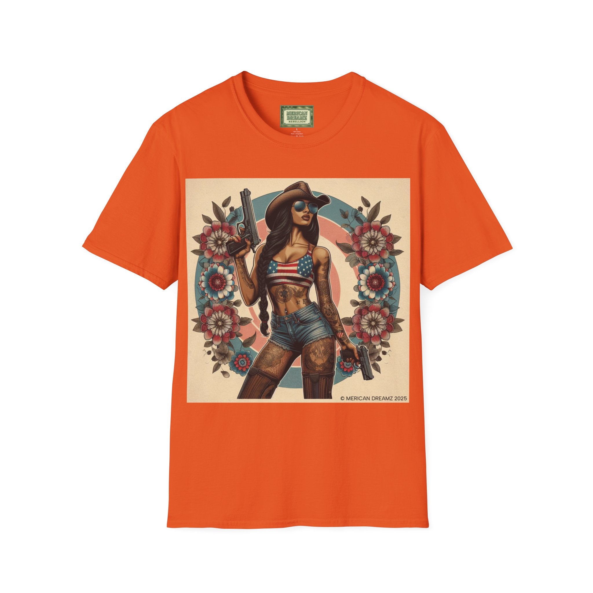 Pin-Up Americana T-Shirt — Retro Floral Gun Cowgirl Vintage Style (US Only)