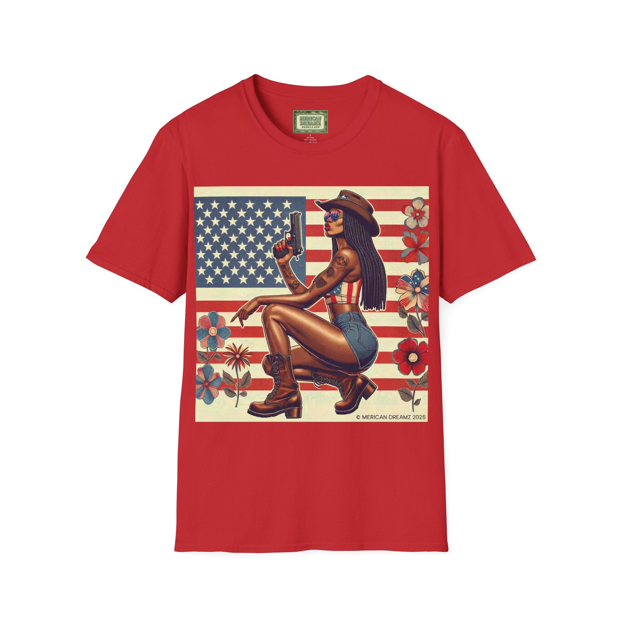 Pin-Up Americana T-Shirt — Retro Floral Gun Cowgirl Vintage Style (US Only)