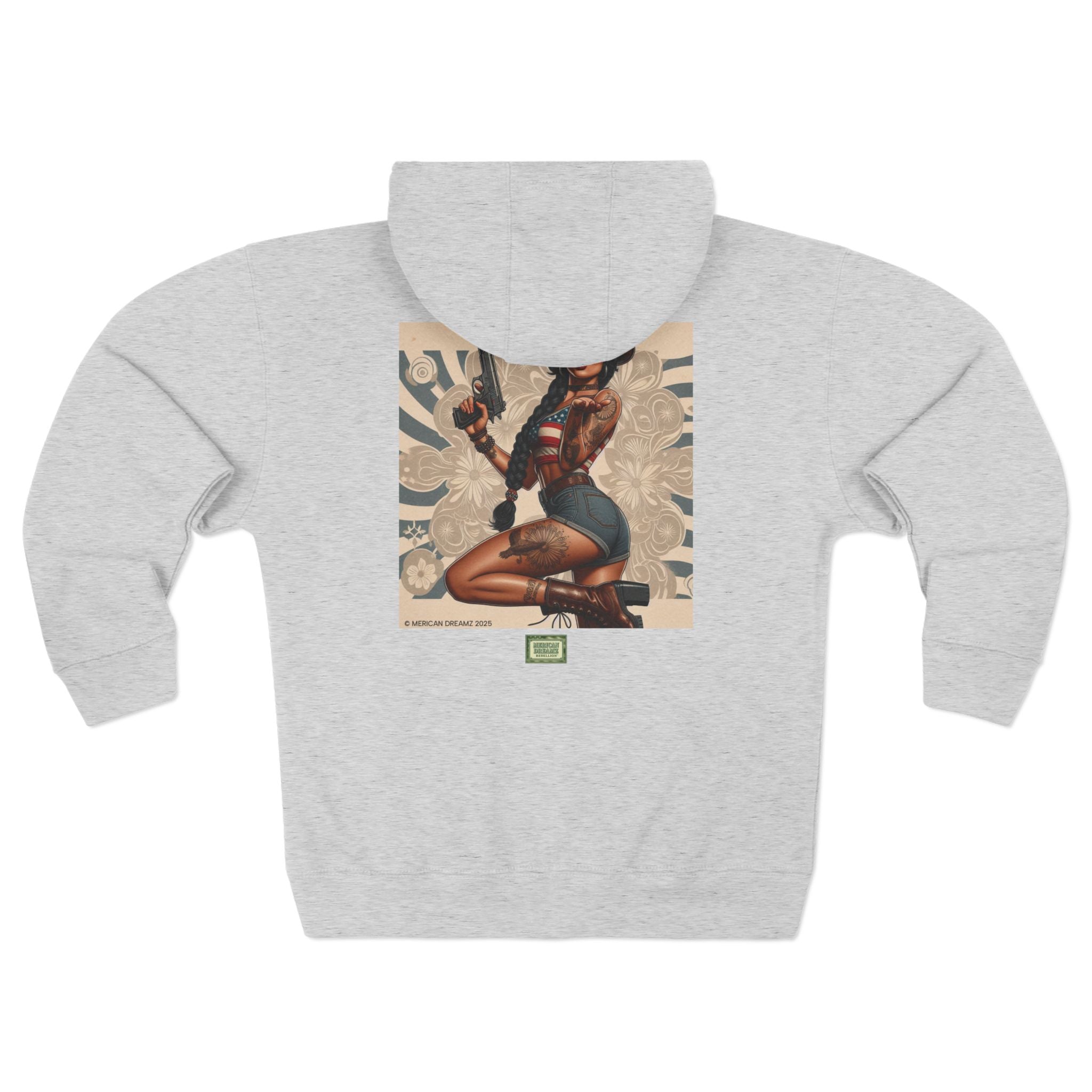 Americana Pinup Cowgirl with 9mm Zip Hoodie — Retro Vintage Patriotic Graphic