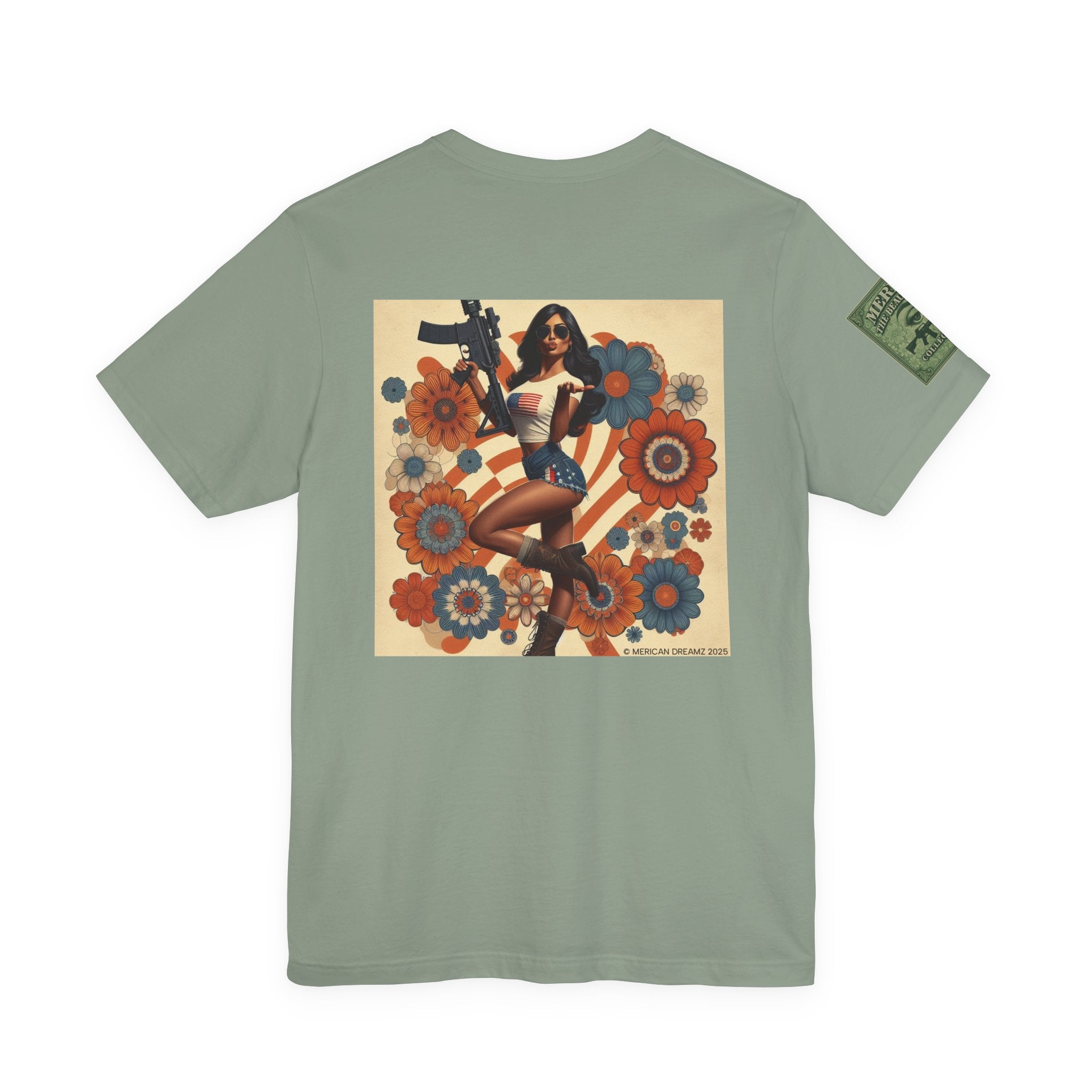 Graphic Short Sleeve Tee front and back — Retro Americana Pin-Up Girls with AR-15 Rifles