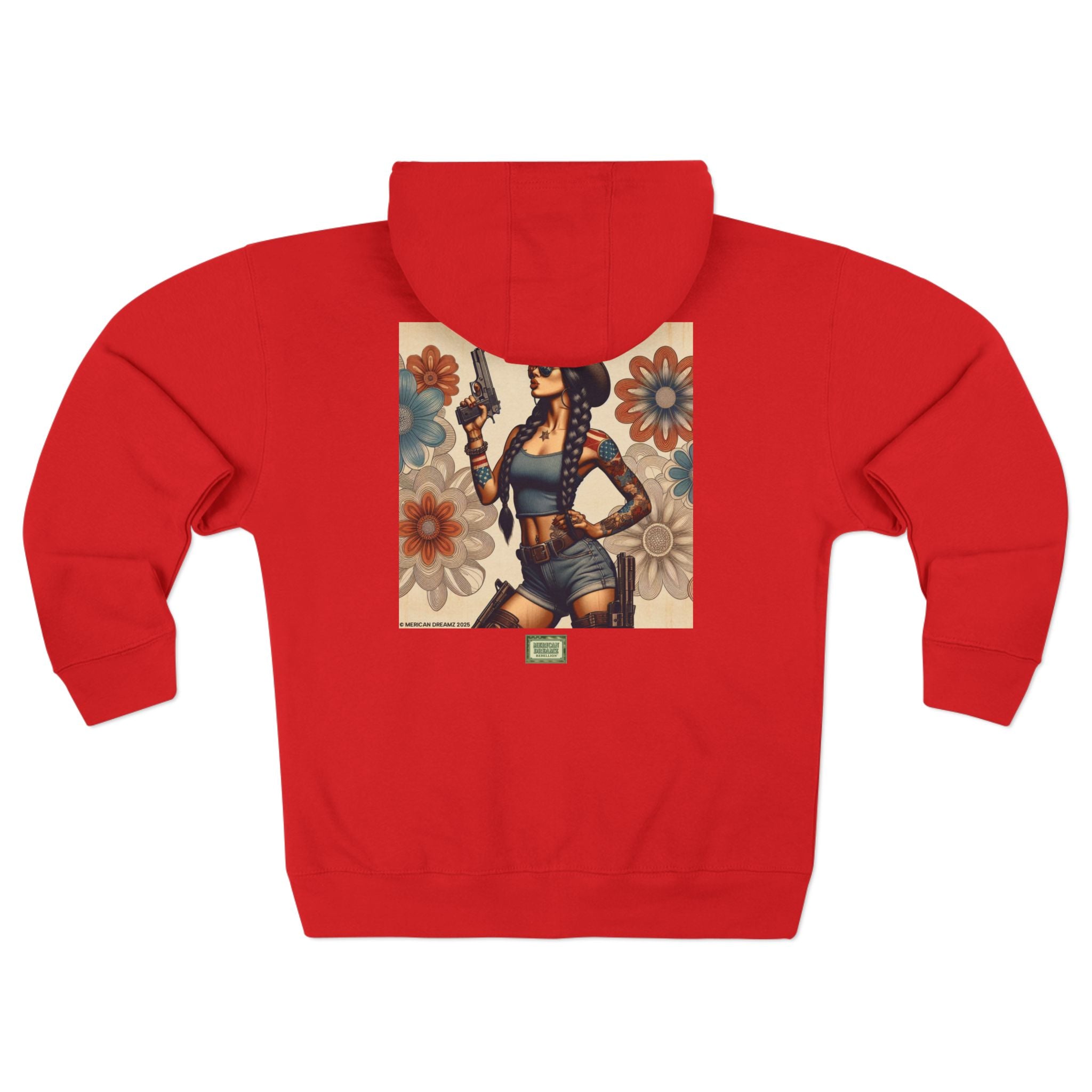 Americana Pinup Cowgirl with 9mm Zip Hoodie — Retro Vintage Patriotic Graphic