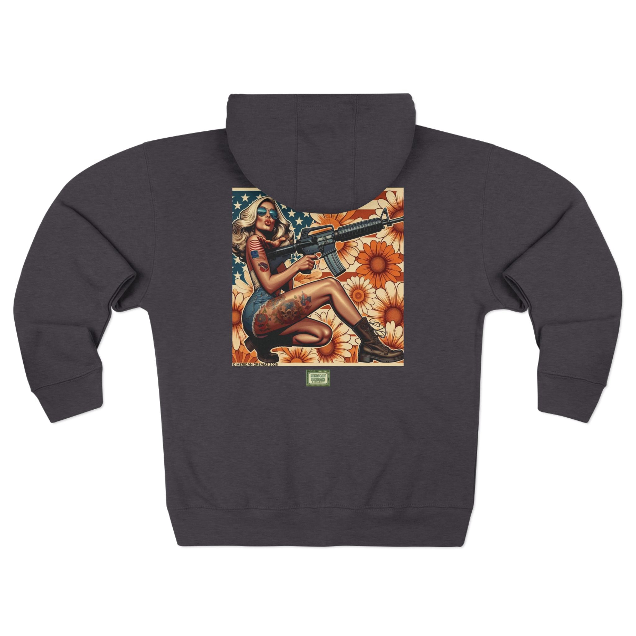 Americana Pinup Cowgirl with AR-15 Zip Hoodie — Retro Vintage Patriotic Graphic