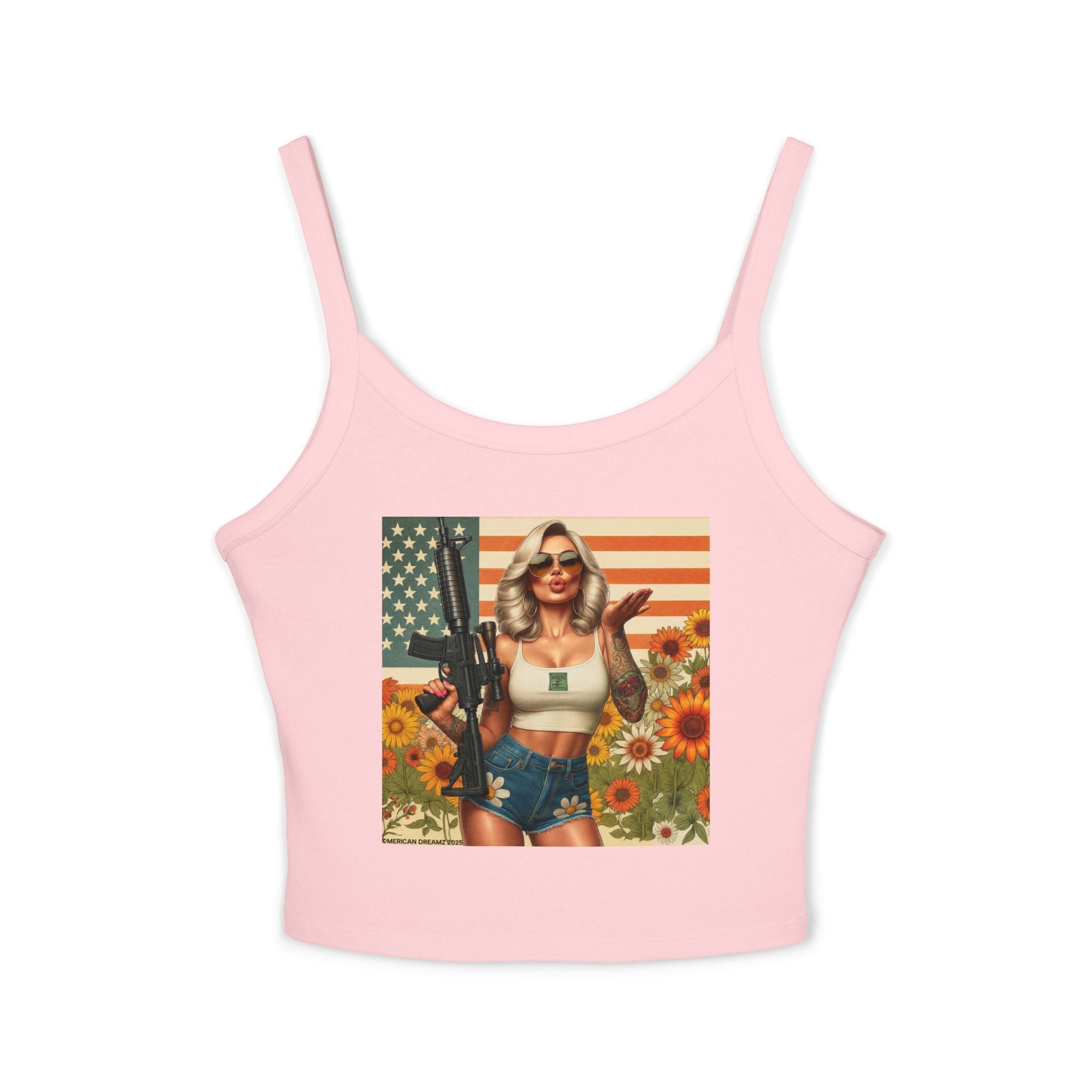 Retro Pinup Girl Tank Top — Vintage Flag & Floral Spaghetti Strap