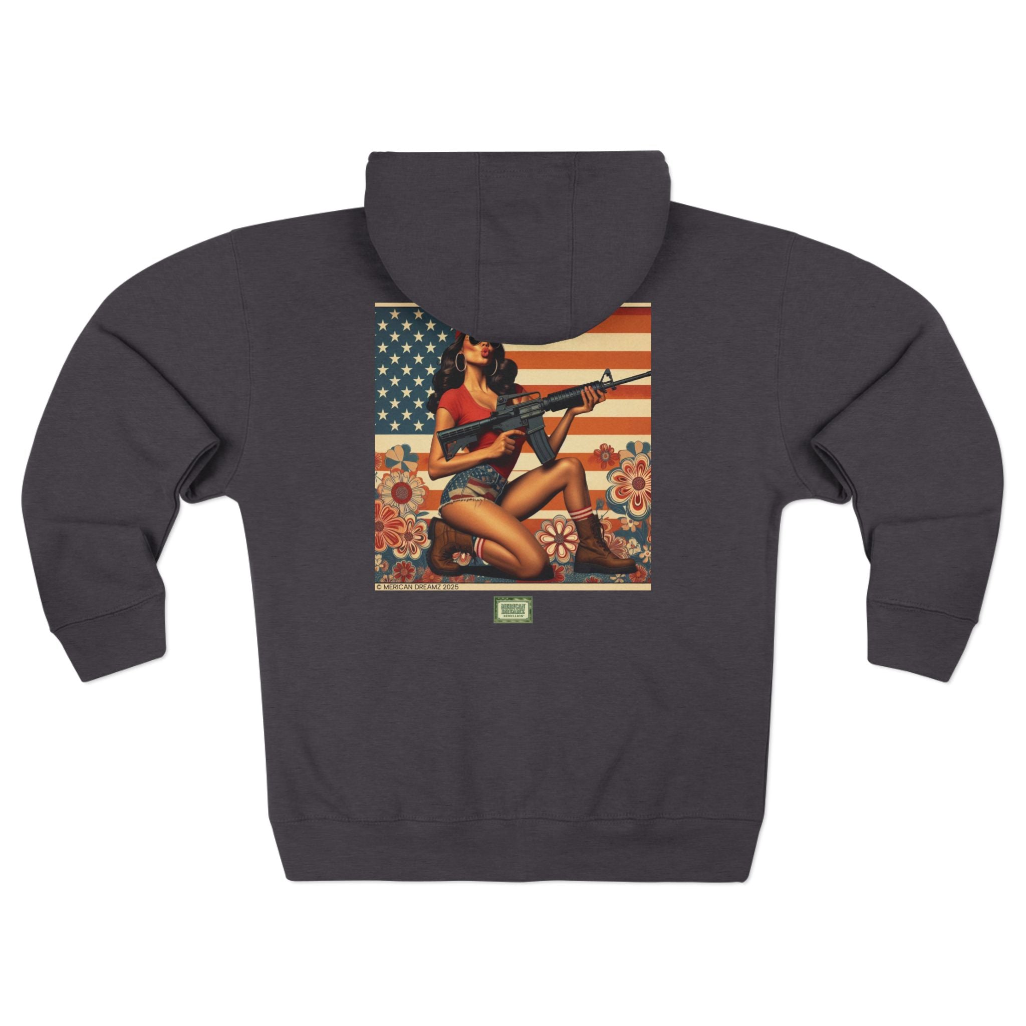 Americana Pinup girl with AR-15 Zip Hoodie — Retro Vintage Patriotic Graphic