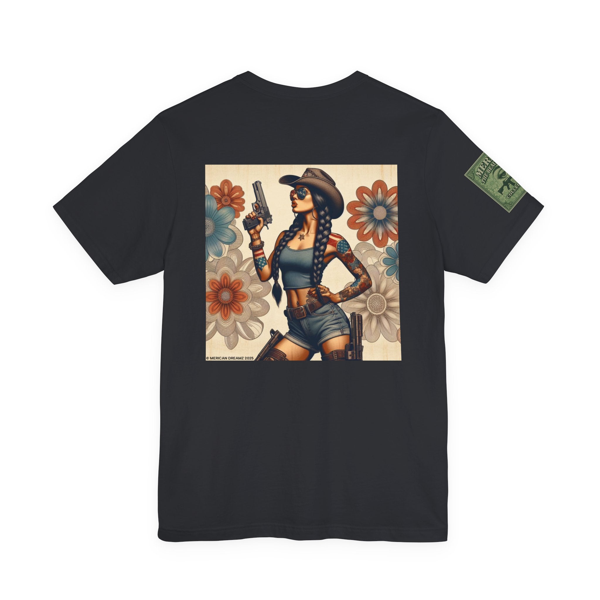 Graphic Short Sleeve Tee front and back — Retro Americana Pin-Up Cowgirls with 9mm Pistols