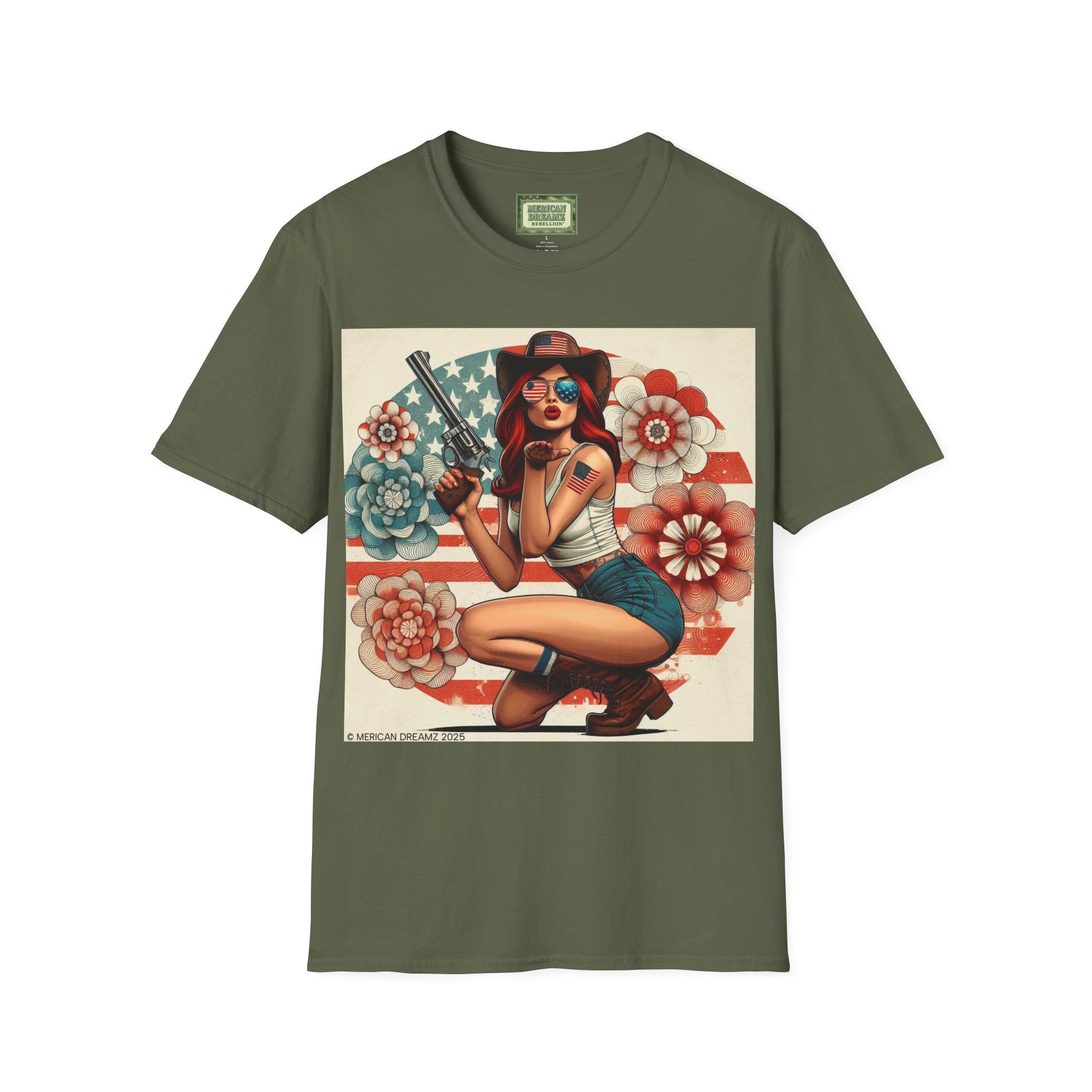 Pin-Up Americana T-Shirt — Retro Floral Gun Cowgirl Vintage Style (US Only)