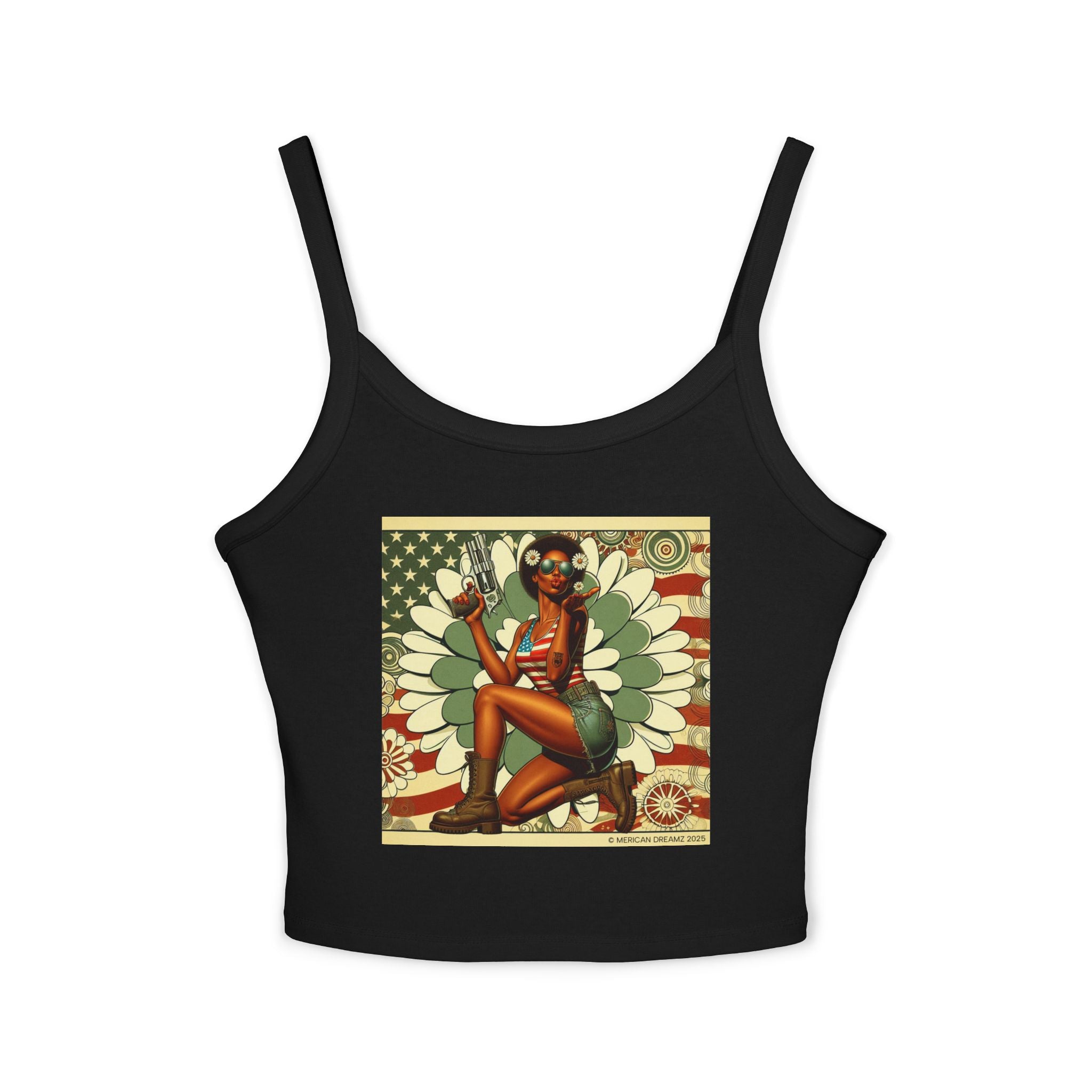 Retro Pinup Girl Tank Top — Vintage Flag & Floral Spaghetti Strap