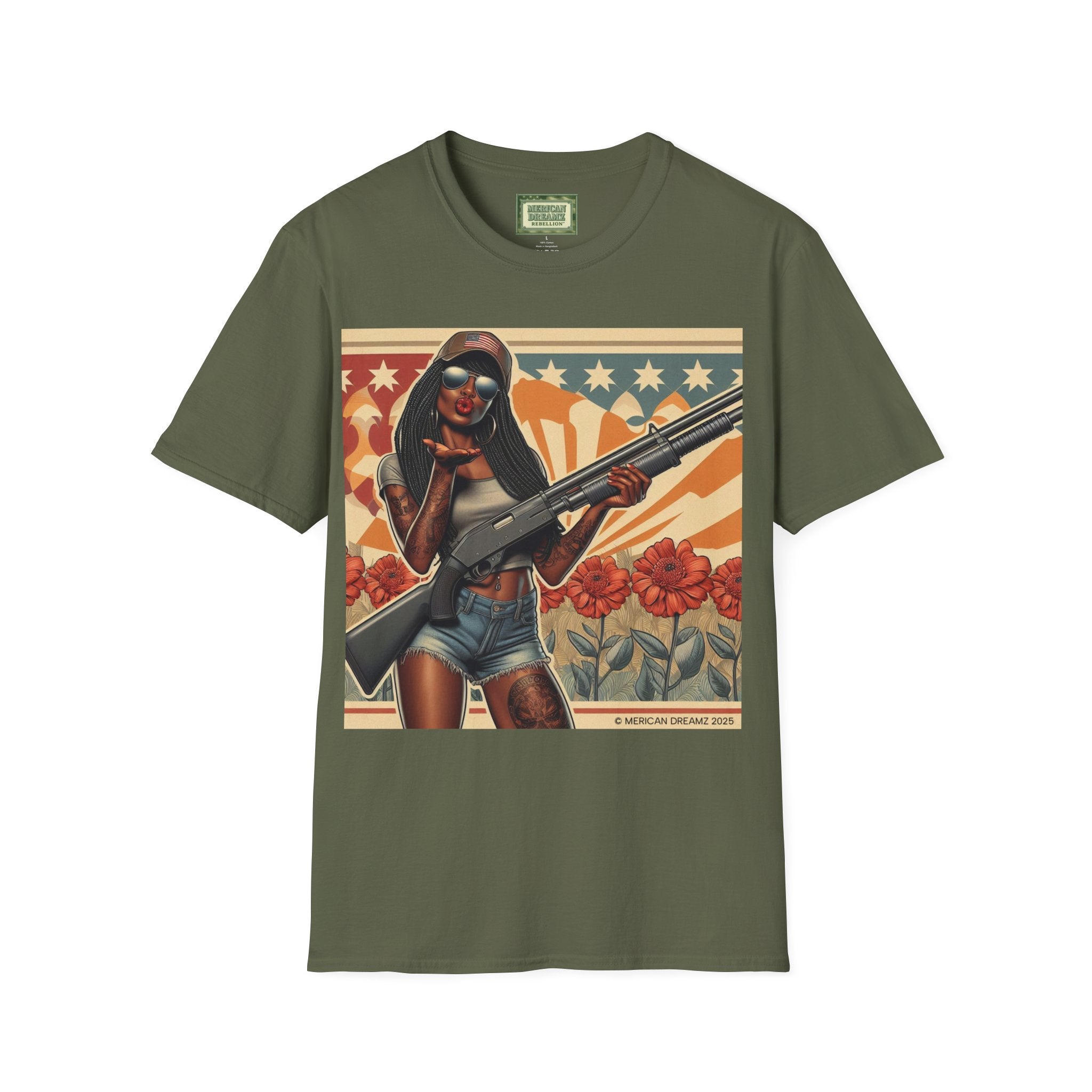 Graphic T-Shirt — Patriotic Pinup Girl with Shotgun Vintage Flag Design (US Only)