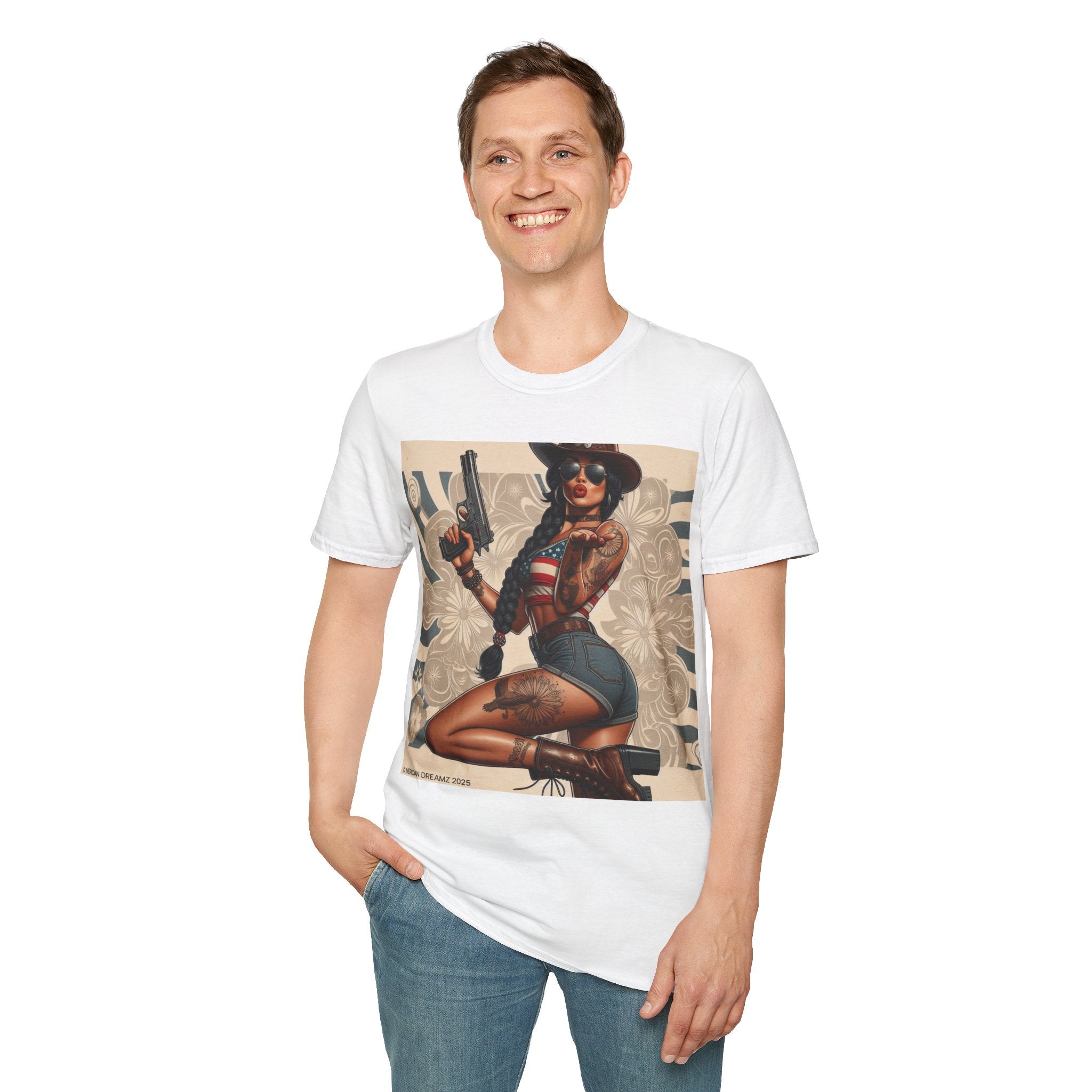 Pin-Up Americana T-Shirt — Retro Floral Gun Cowgirl Vintage Style (US Only)