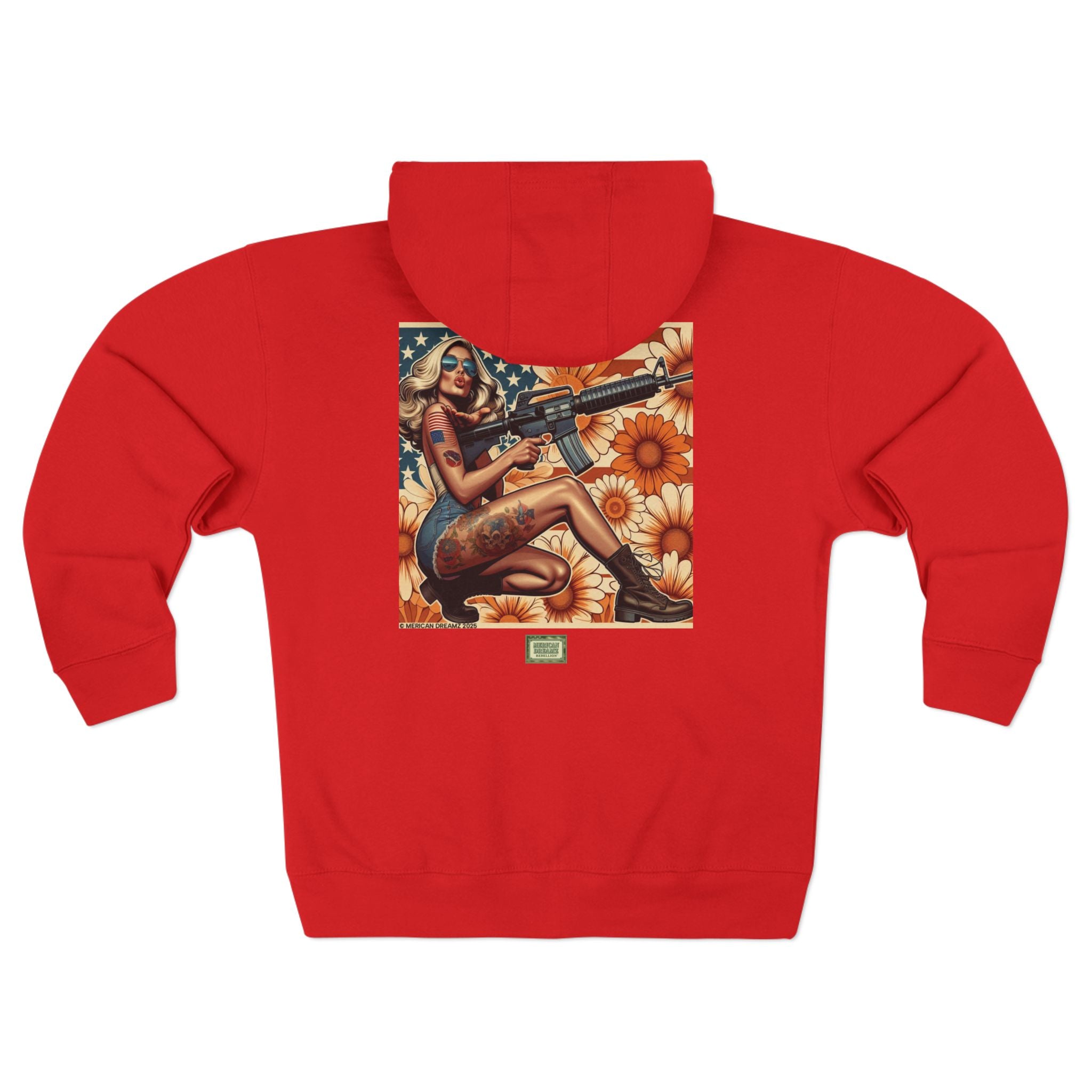 Americana Pinup Cowgirl with AR-15 Zip Hoodie — Retro Vintage Patriotic Graphic