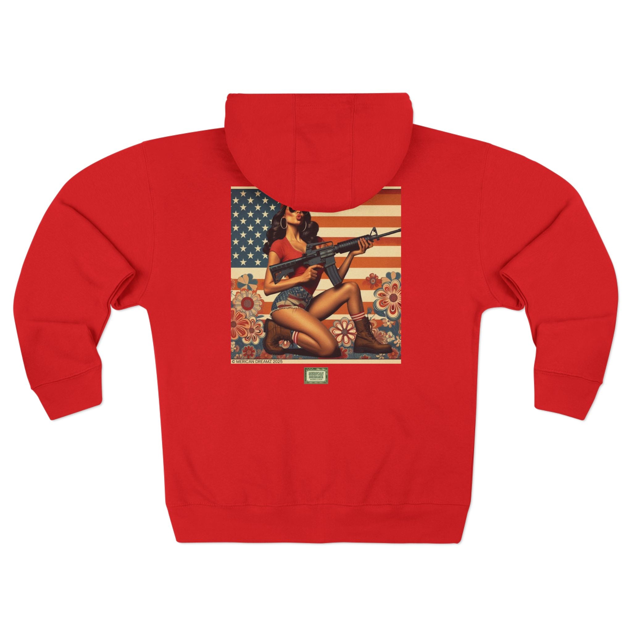 Americana Pinup girl with AR-15 Zip Hoodie — Retro Vintage Patriotic Graphic