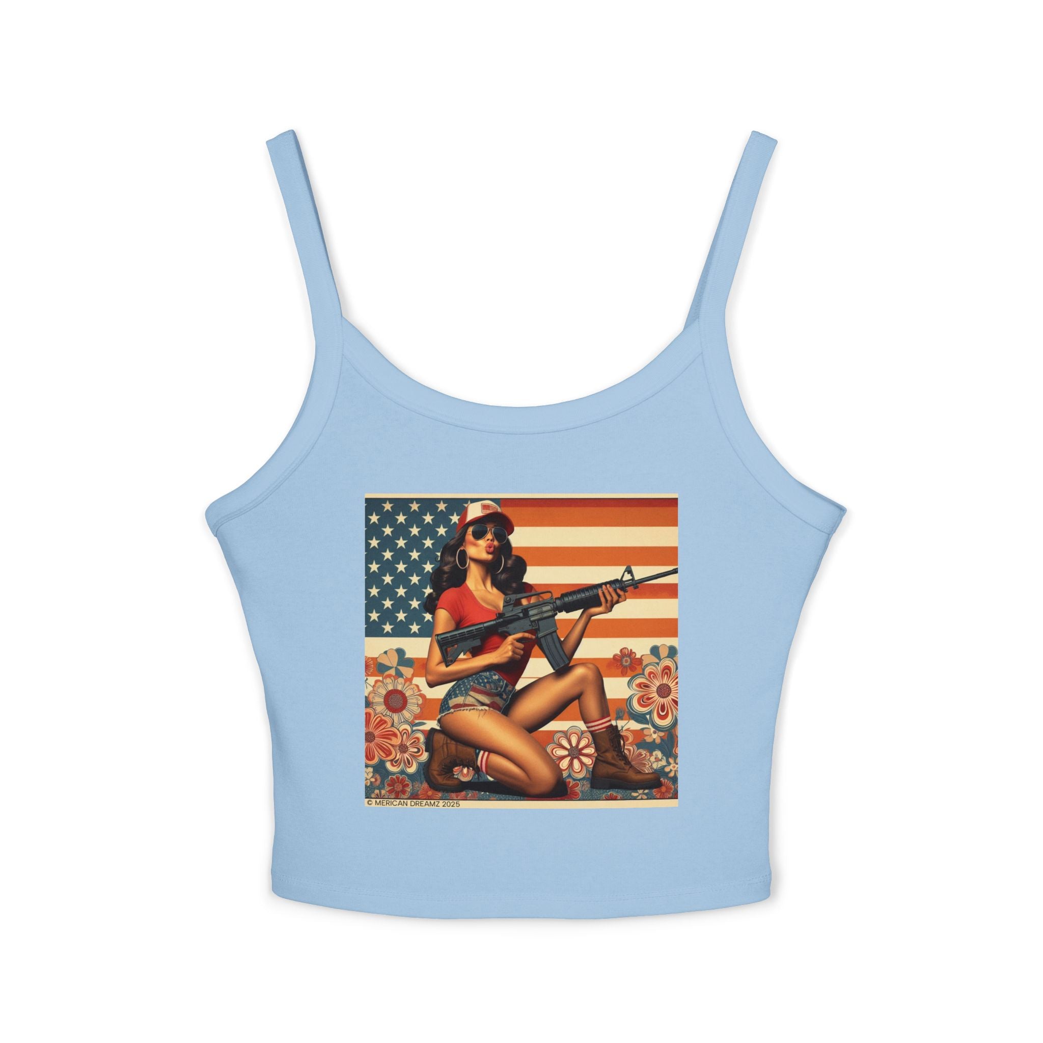 Retro Pinup Girl Tank Top — Vintage Flag & Floral Spaghetti Strap