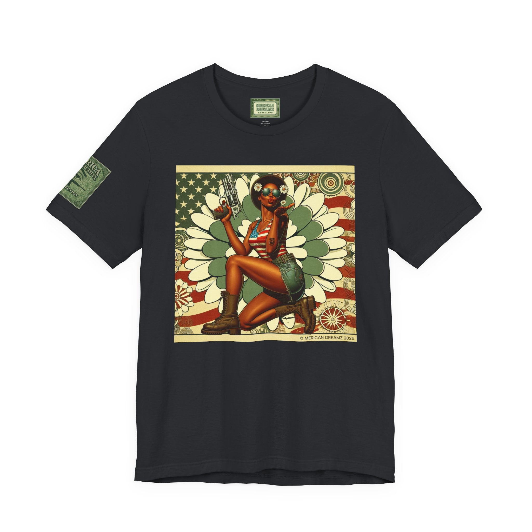 Graphic Short Sleeve Tee front and back — Retro Americana Pin-Up Cowgirls with .44 Magnum and AR-15